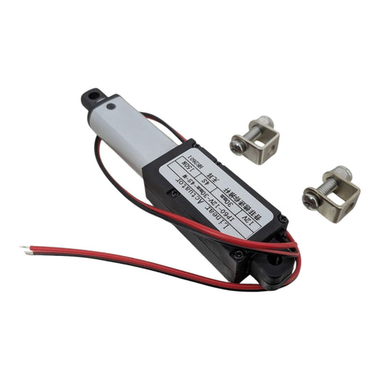 12V 迷你電動推拉桿與隨包裝附送的兩個金屬安裝支架及插銷，方便用家即買即裝。