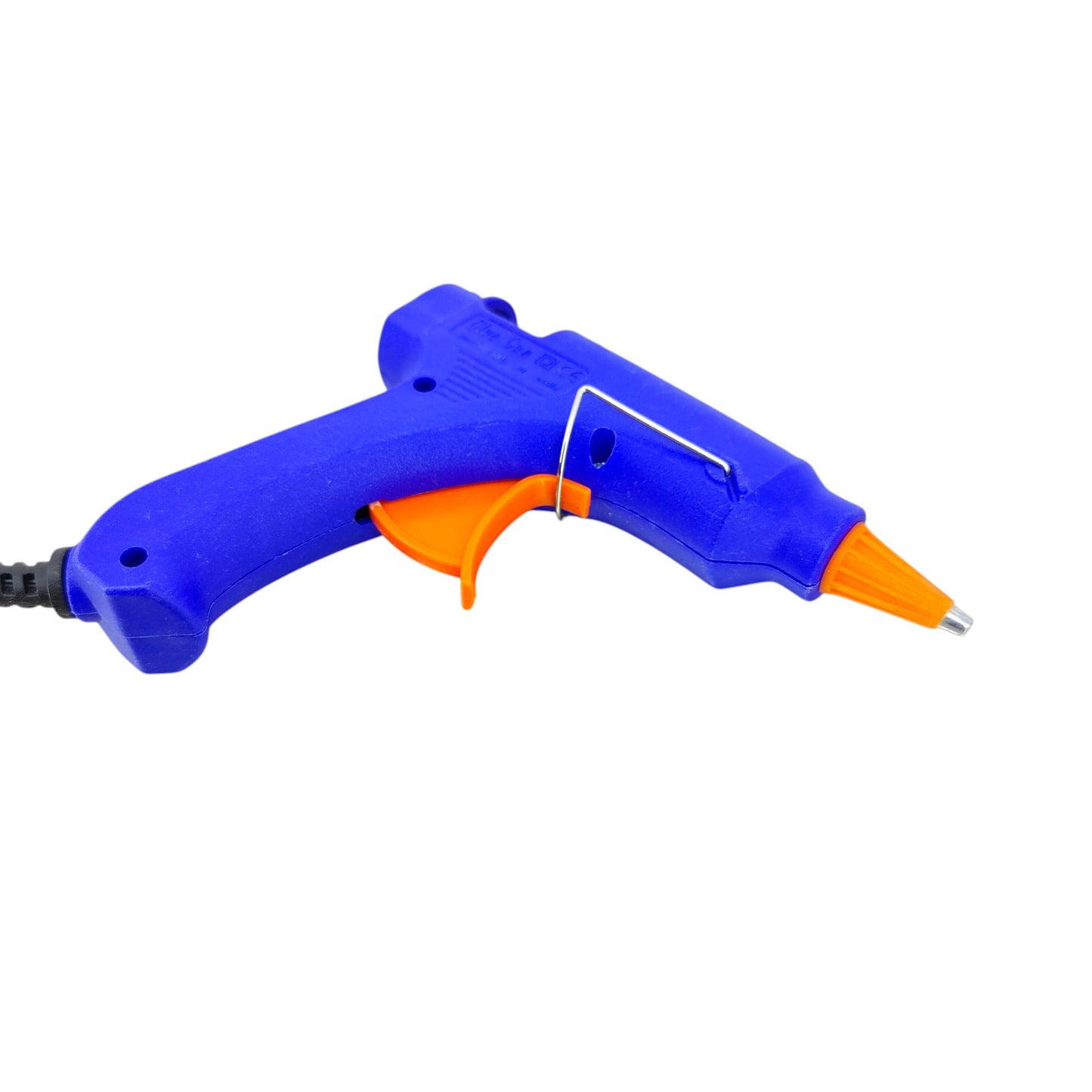 Side profile of the compact 20W hot glue gun showing the easy-press trigger and metal resting stand.