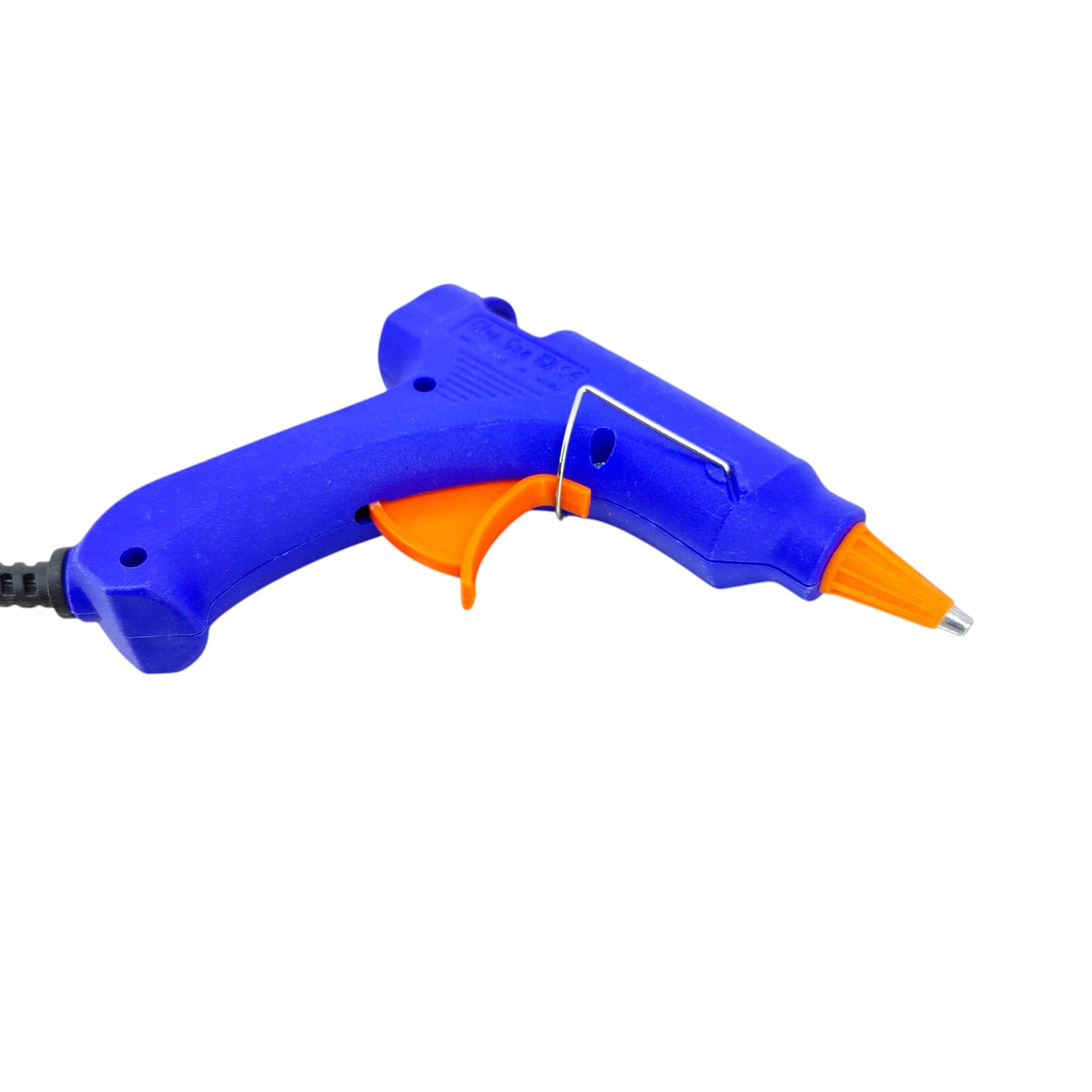 Side profile of the compact 20W hot glue gun showing the easy-press trigger and metal resting stand.