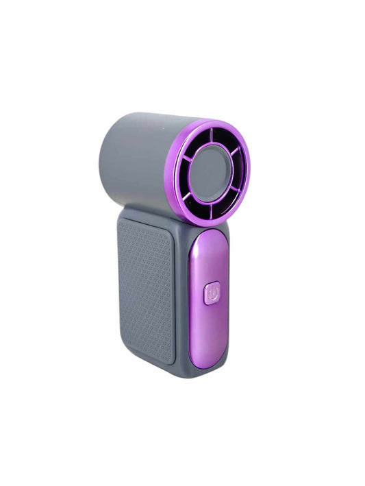 Pocket Powerhouse 100-Speed Mini Handheld Fan in gray and purple for on-the-go cooling.