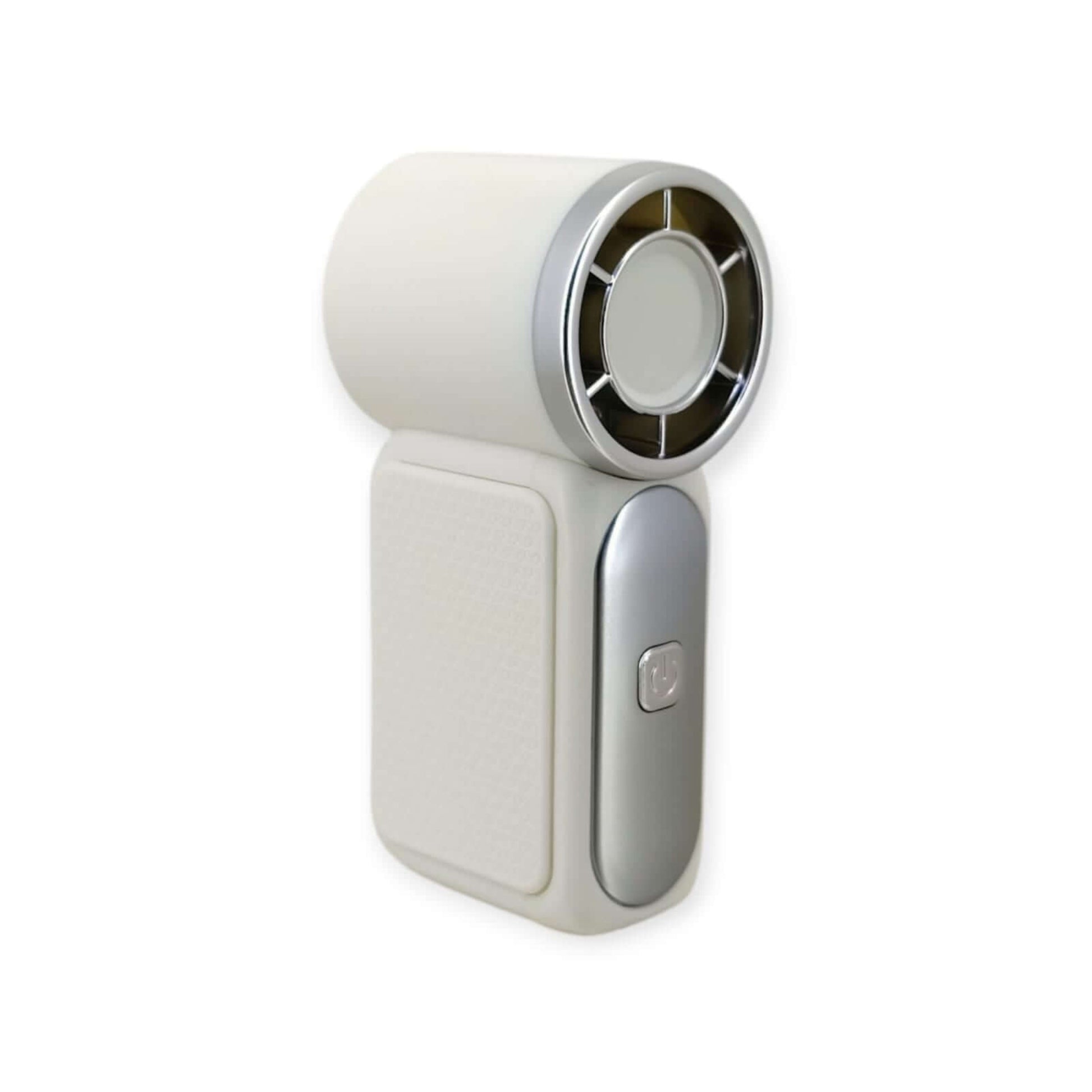 Compact white handheld fan with sleek design and adjustable speed settings for personal cooling.