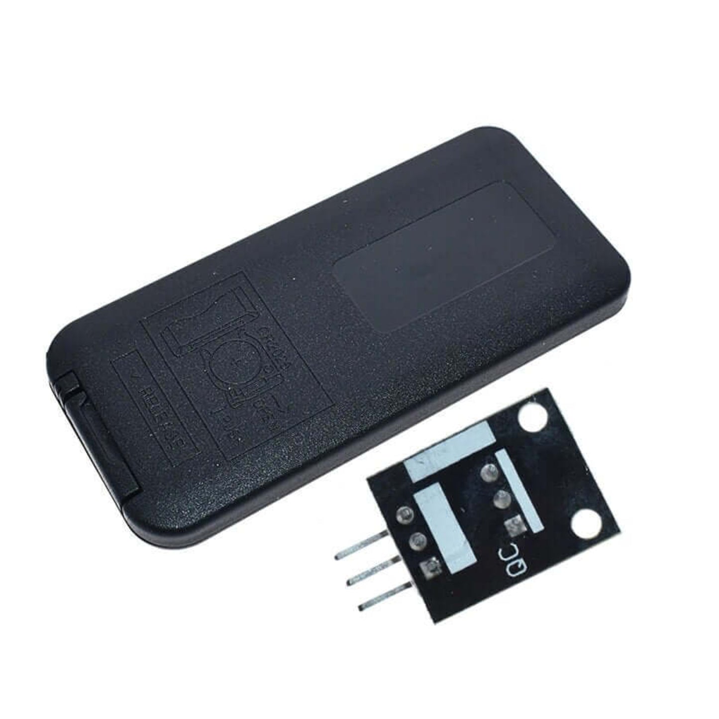 Back view of the Mini Slim 38KHz IR remote control and the bottom of the infrared receiver module.