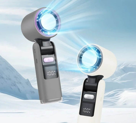 Mini handheld turbofans in gray and white with cooling technology, ideal for outdoor adventures and hot weather.