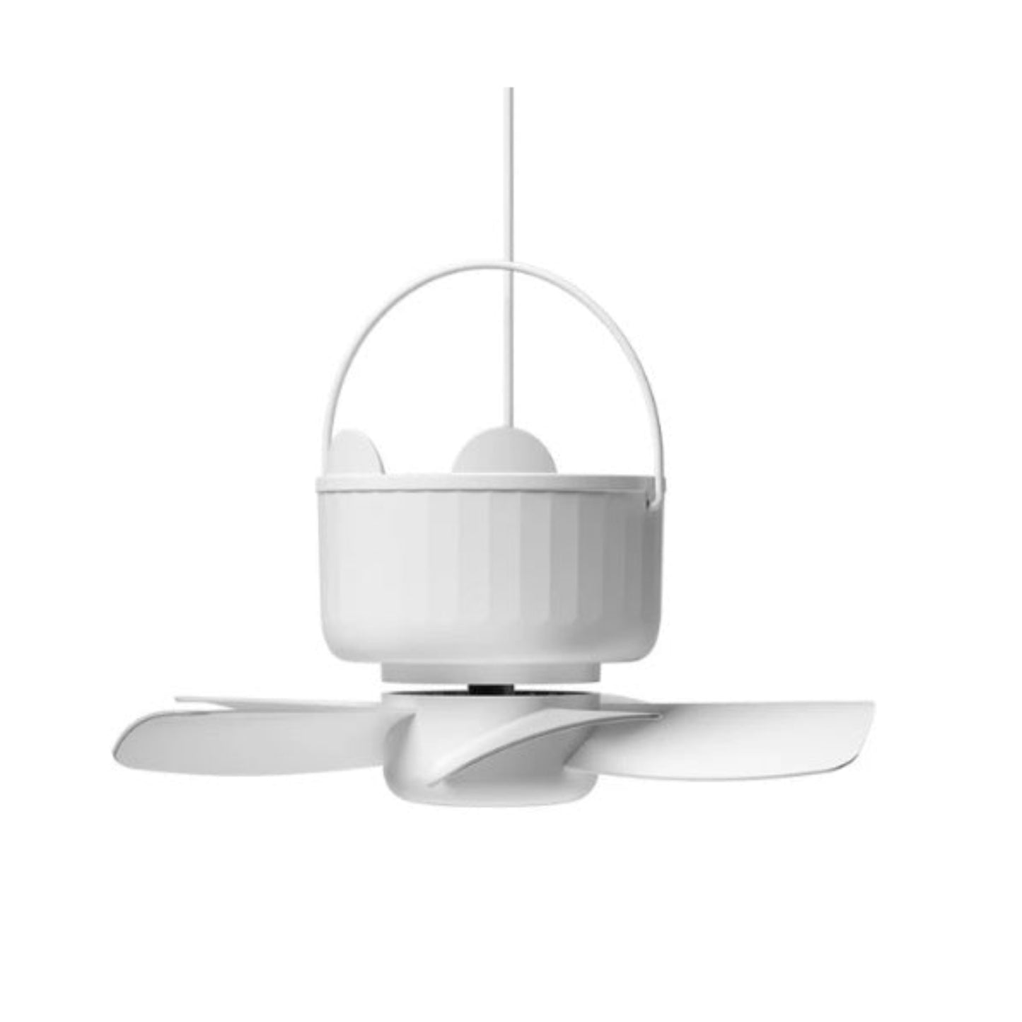 White mini USB ceiling fan with hanging hook for home and office cooling.