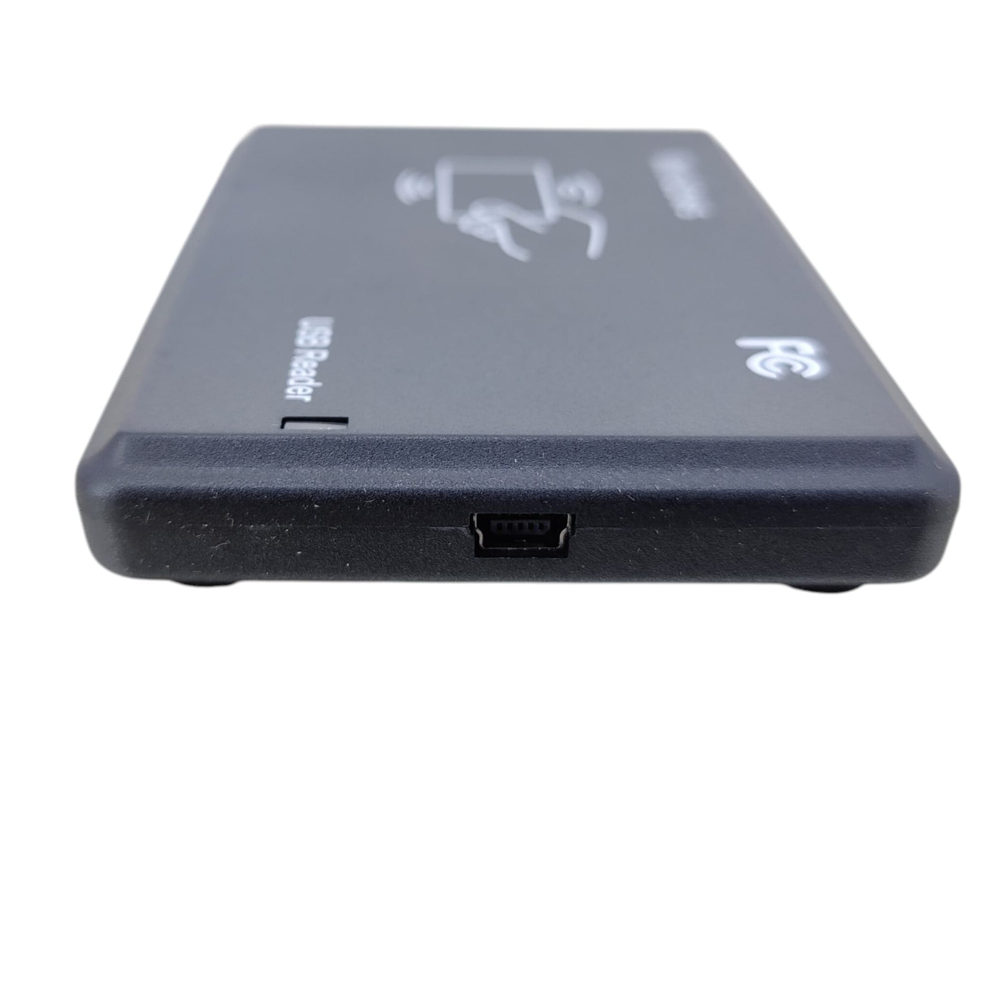 Side profile showing the mini USB connection port on the card reader.