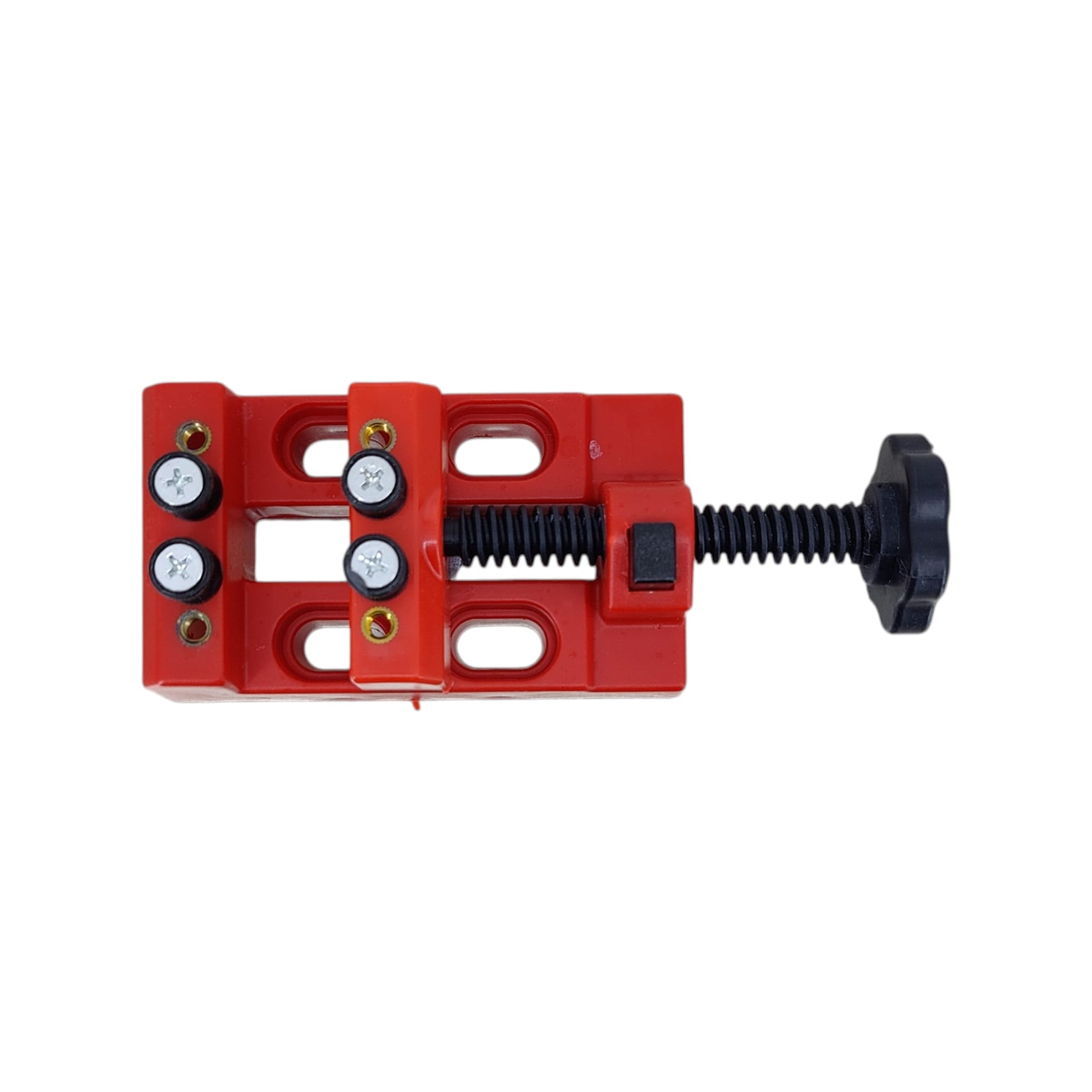 Top-down view of a red mini bench vise showing the adjustable jaw mechanism.