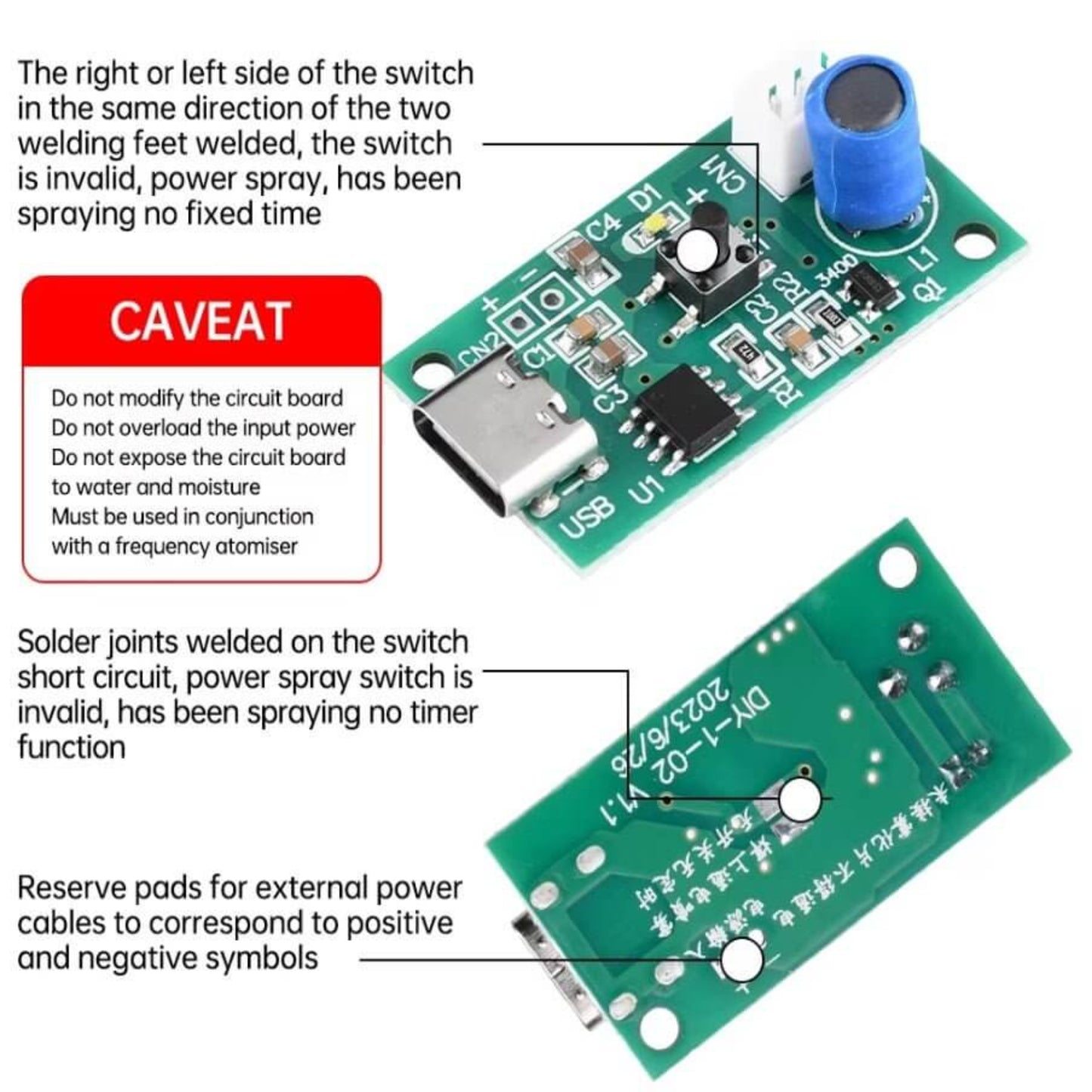 Safety caveats and soldering instructions for DIY humidifier circuit board.