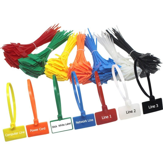 Bundles of tag cable ties in seven colors with examples of labeled tags for 'Computer Line' and 'Network Line'.