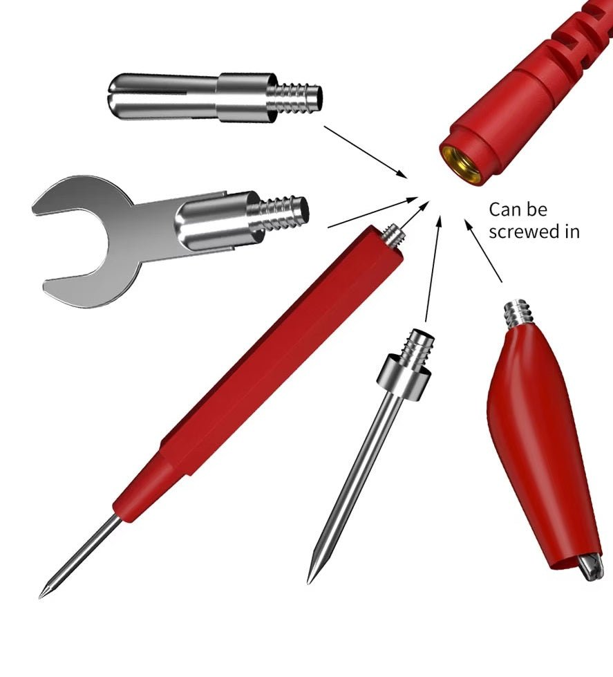 16-in-1 Modular Multimeter Test Lead Kit components: probes, alligator clips, and connectors in detail.