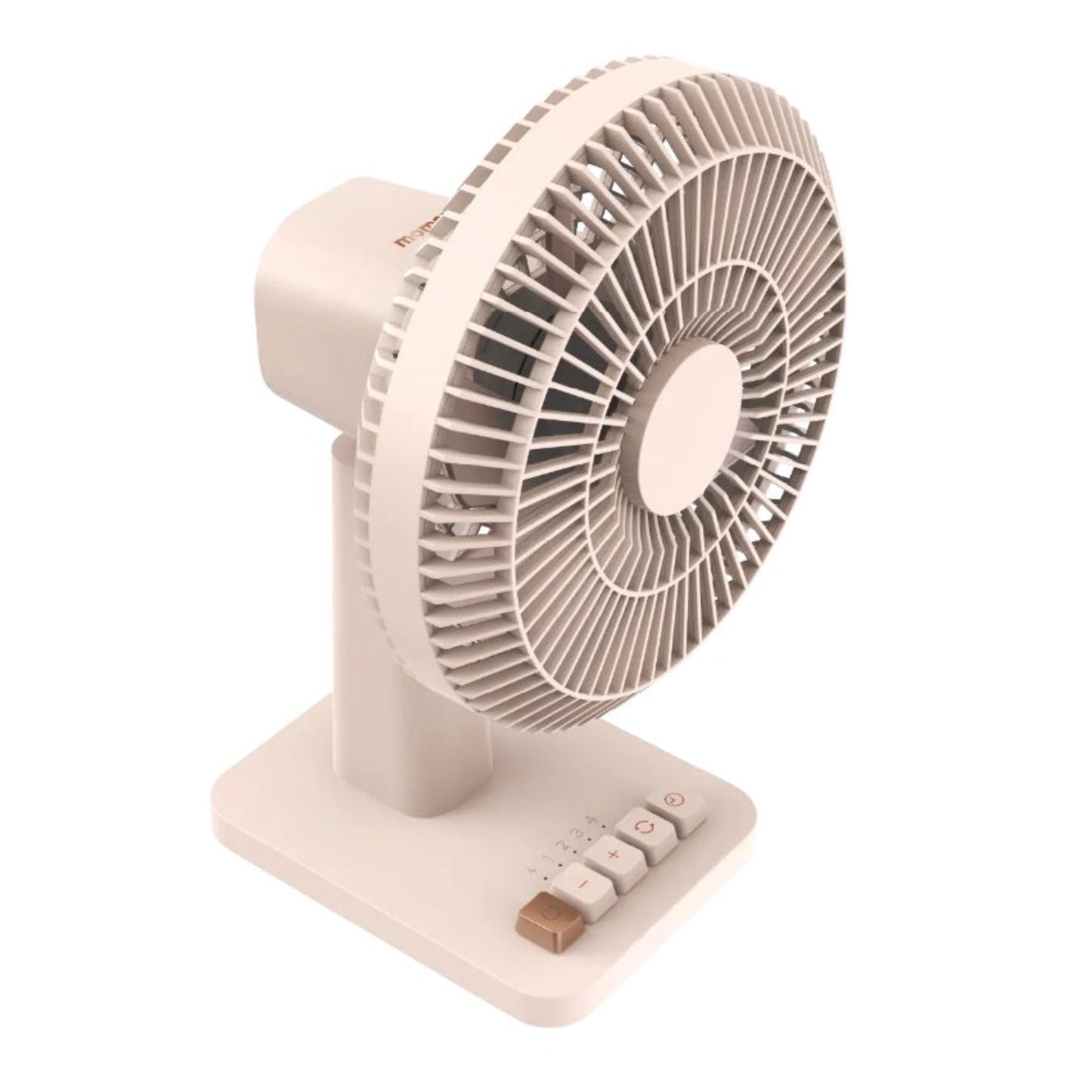 Momax 1°Pod mini desktop fan in beige showing front grille and control buttons.