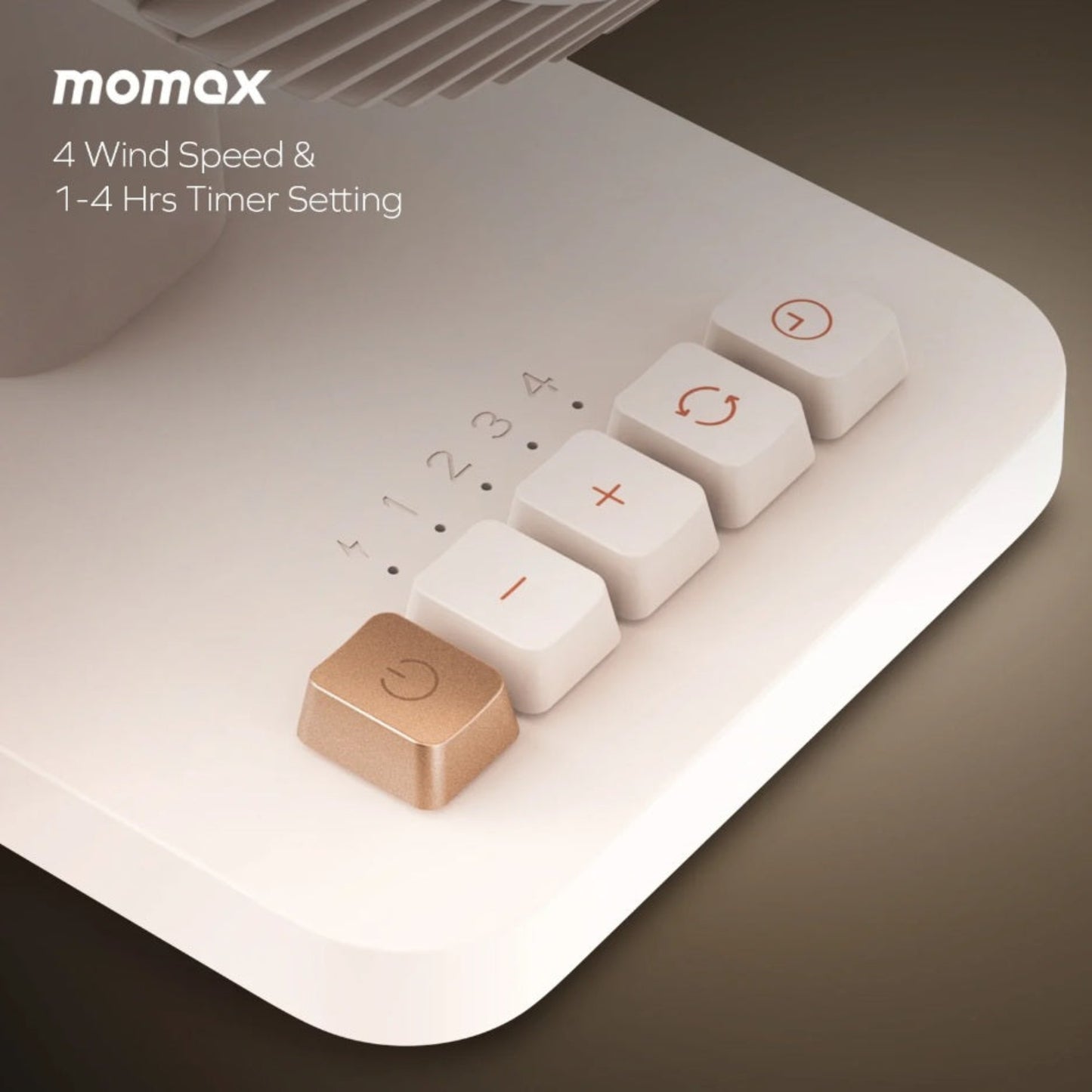 Close up of the four wind speed indicators and timer settings on the Momax wireless desk fan.