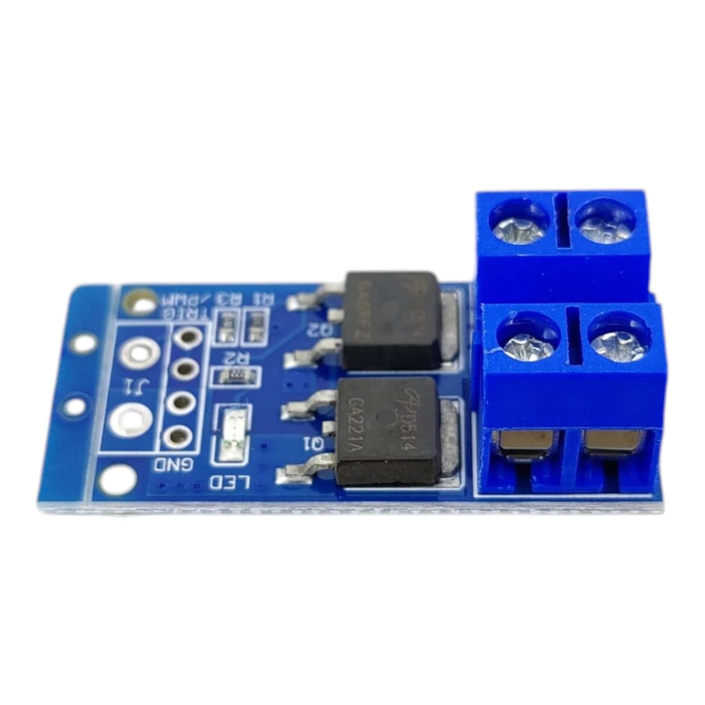 Top view of the MOS FET Trigger Switch Drive Module showing the input pins (TRIG, PWM, GND) and dual MOSFET chips.