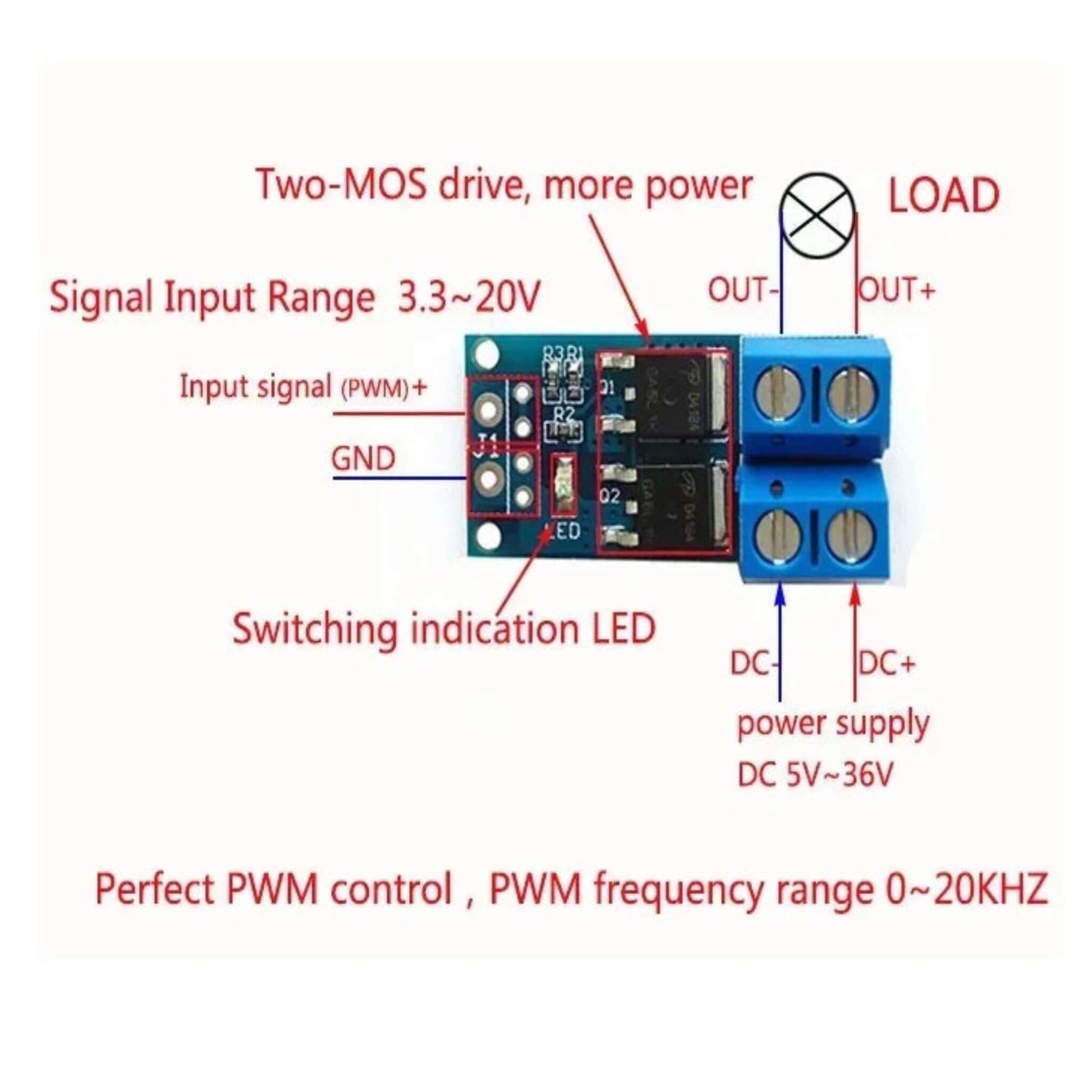 Wiring diagram for the MOS FET trigger switch module showing connections for signal input, DC power supply, and a high-power load.