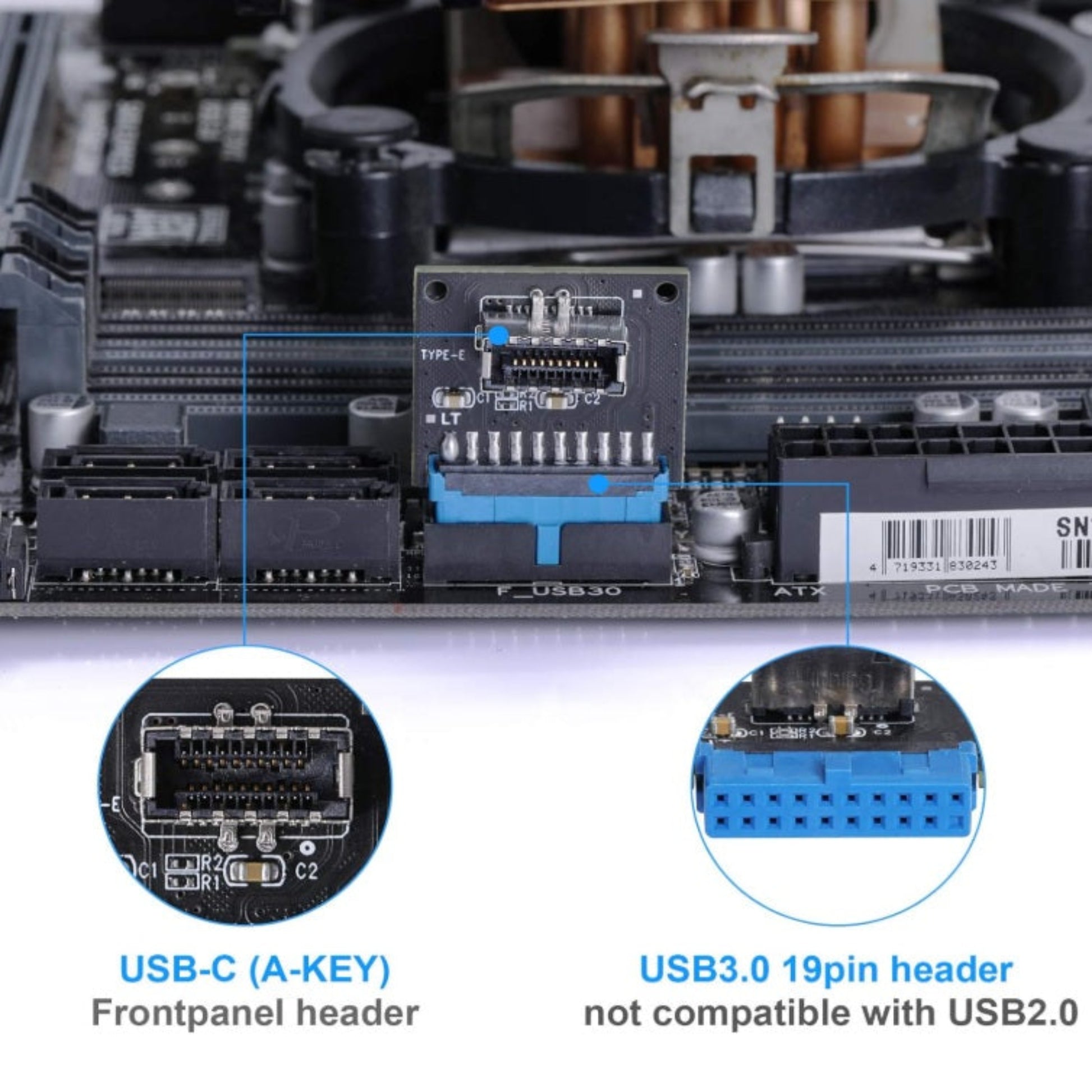 Diagram of USB-C A-Key front panel header and USB 3.0 19-pin motherboard header compatibility guide.