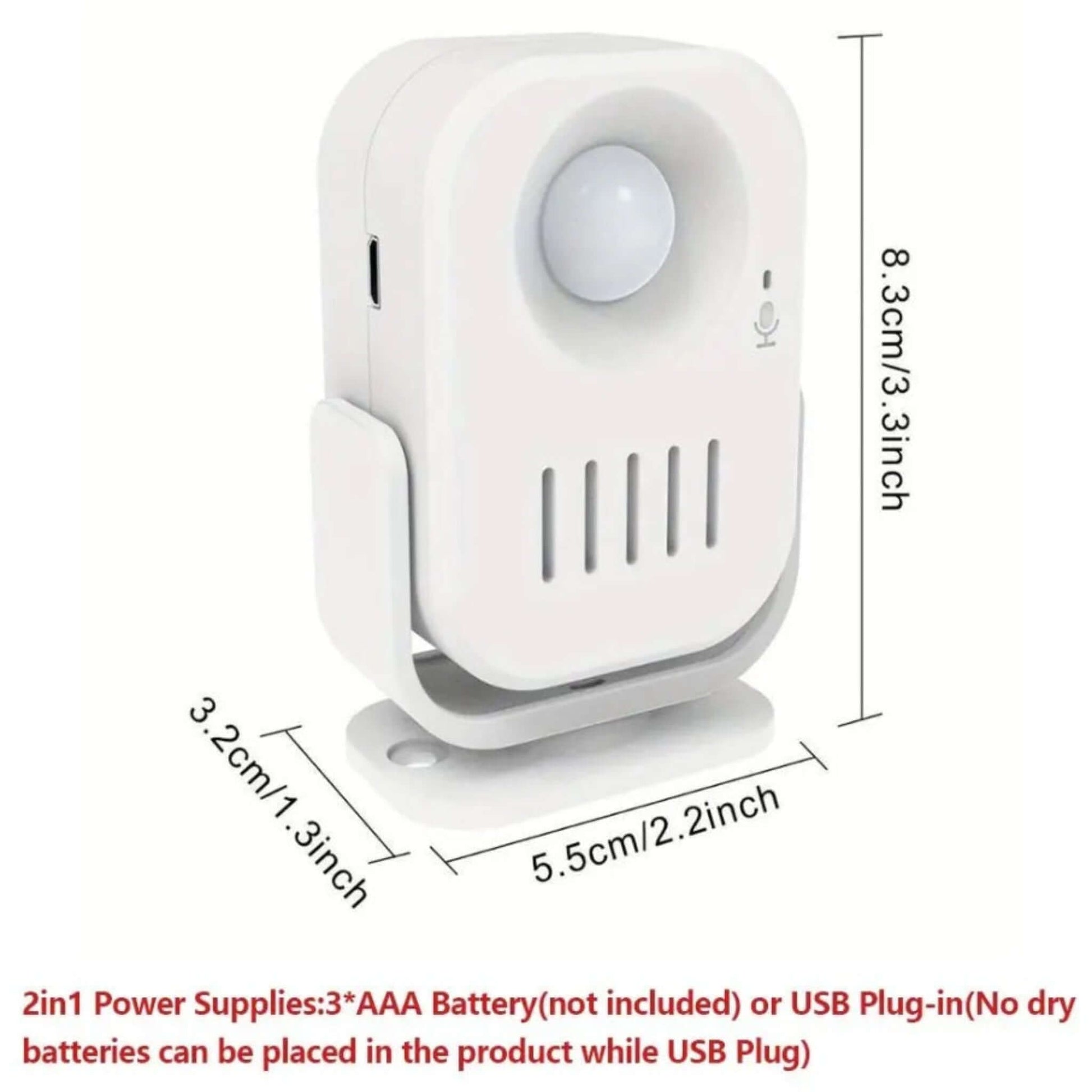Dimensions and dual power supply options for the smart motion sensor alarm: USB plug-in or 3x AAA batteries.