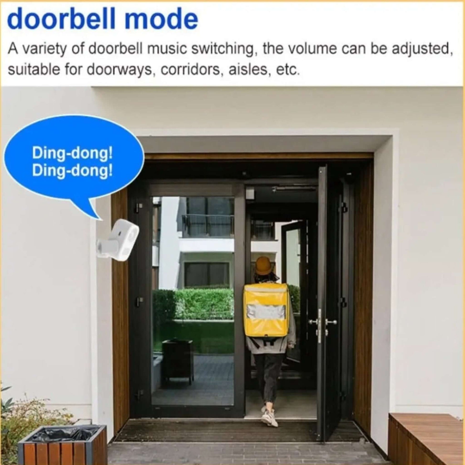 The smart sensor in doorbell mode, acting as a welcome chime for a person entering a doorway.