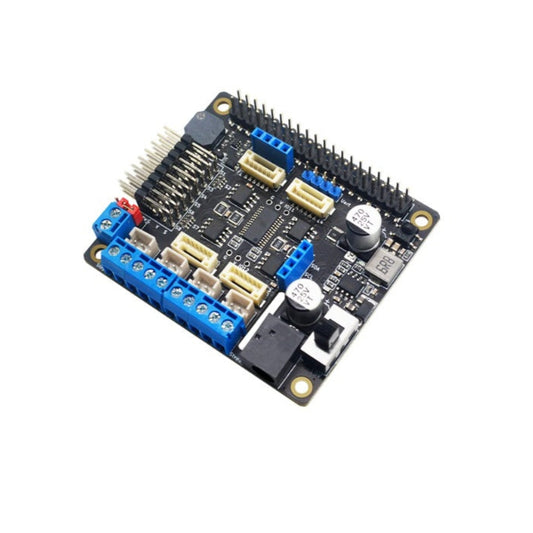 Angled view of the assembled Raspberry Pi robot motor hat.