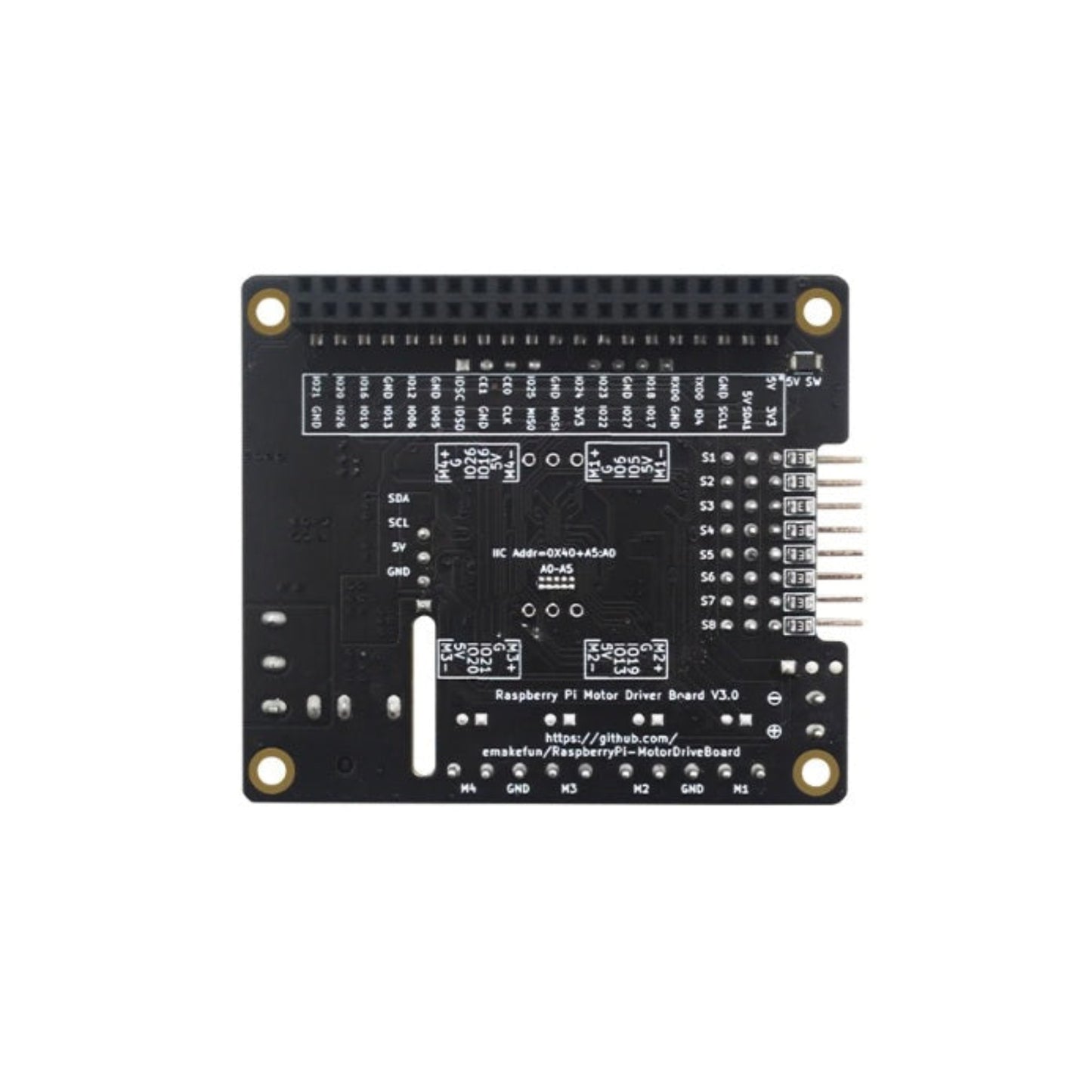 Bottom view of the Raspberry Pi motor hat showing IIC addresses and printed circuit traces.