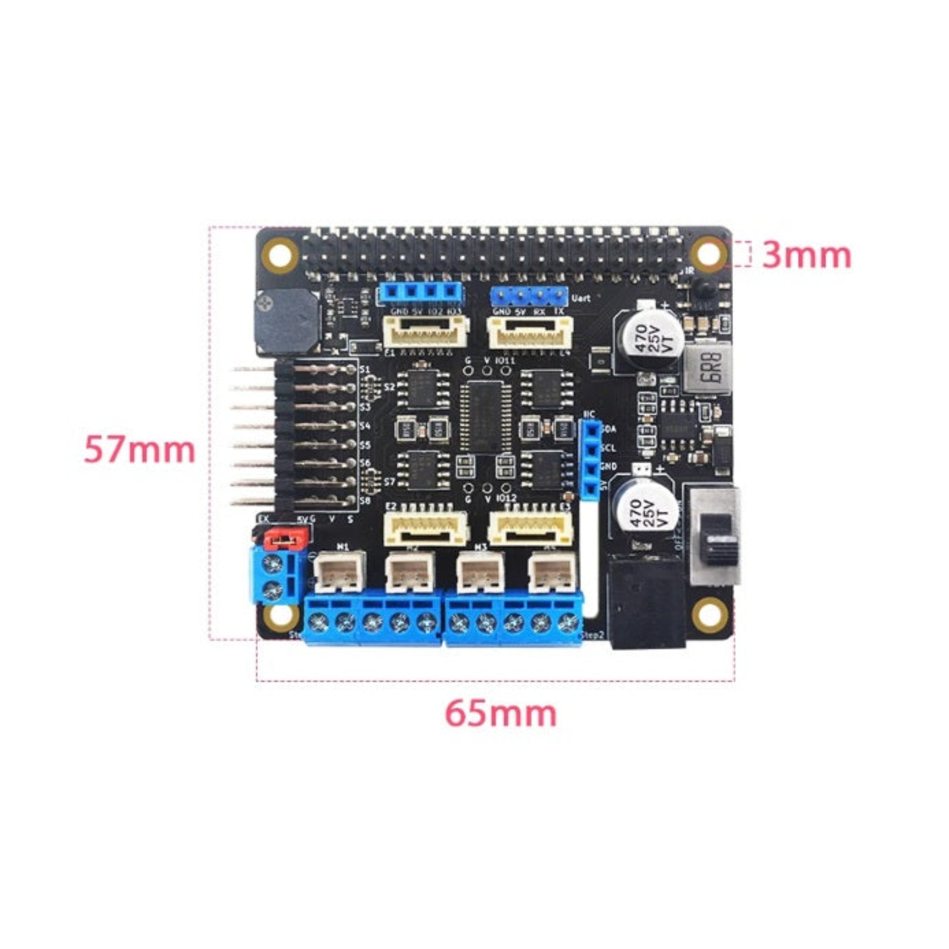 Dimensions of the Raspberry Pi motor expansion board showing 65mm by 57mm size.