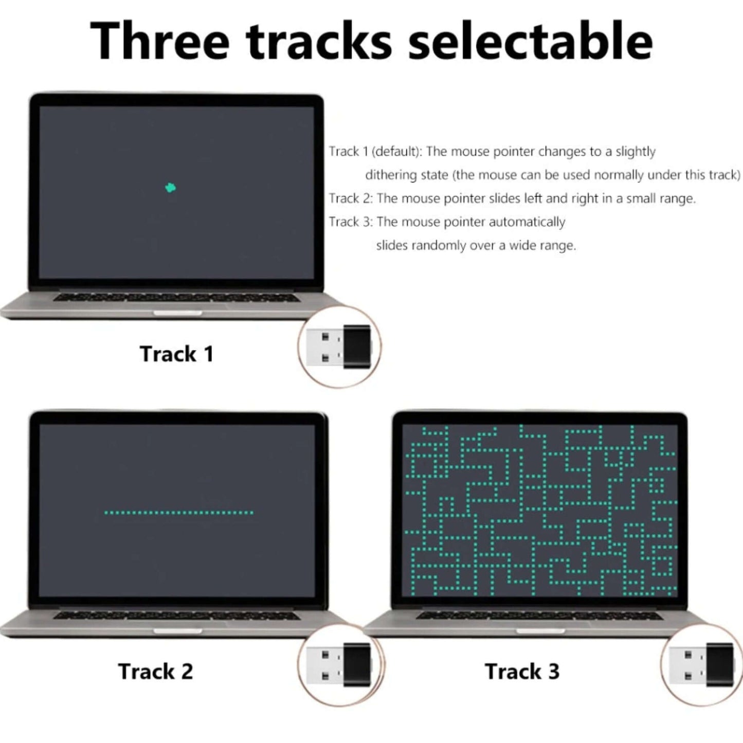Display of three selectable tracks: micro-dithering, small range sliding, and wide range random movement.