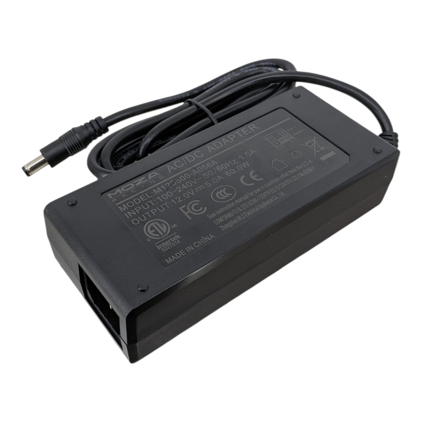 Top view of the MOZA 12V 5A AC/DC power adapter showing the M120500-A056A model label, 60W output specs, and safety certifications.