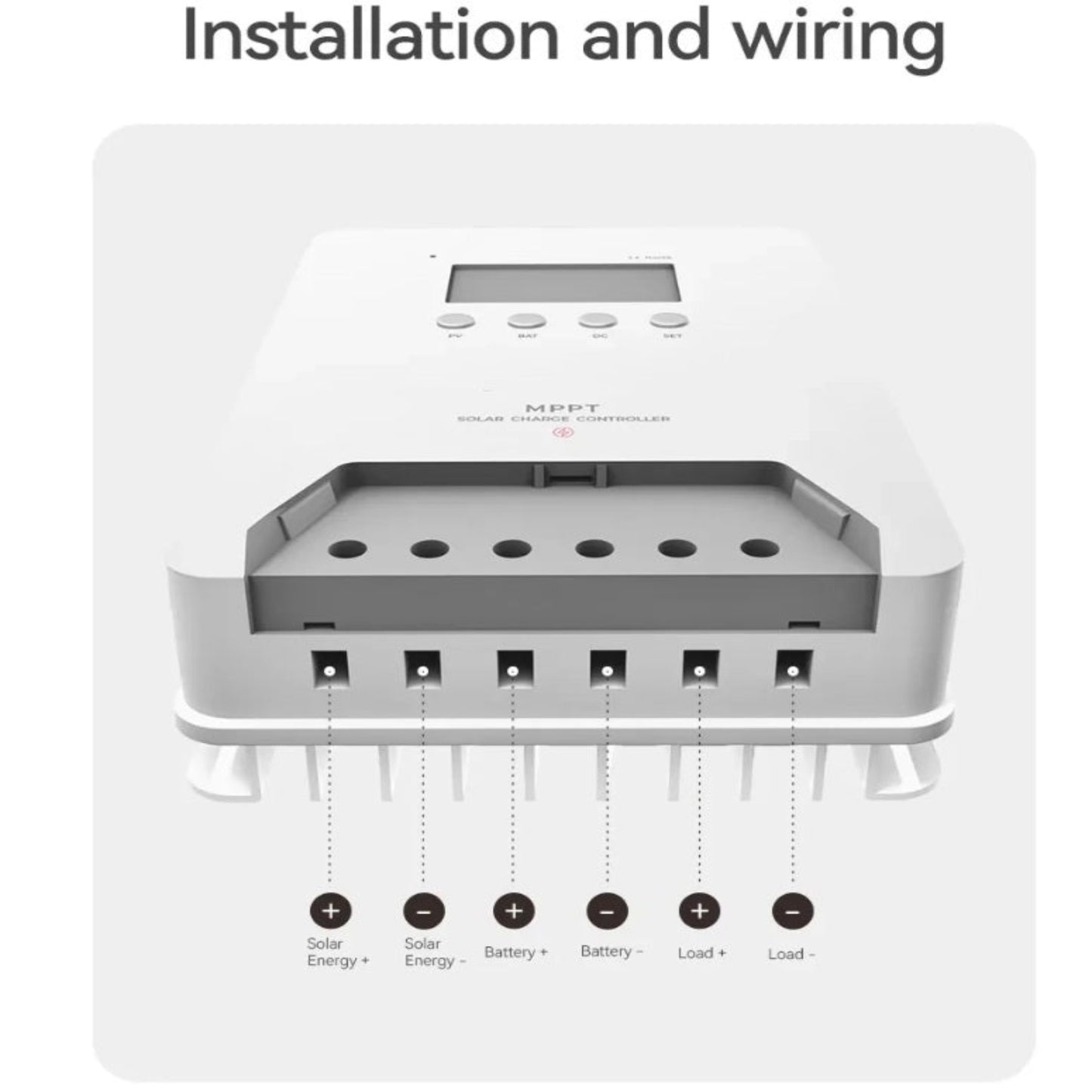 60A MPPT controller wiring terminals showing Solar Energy, Battery, and Load positive/negative ports.