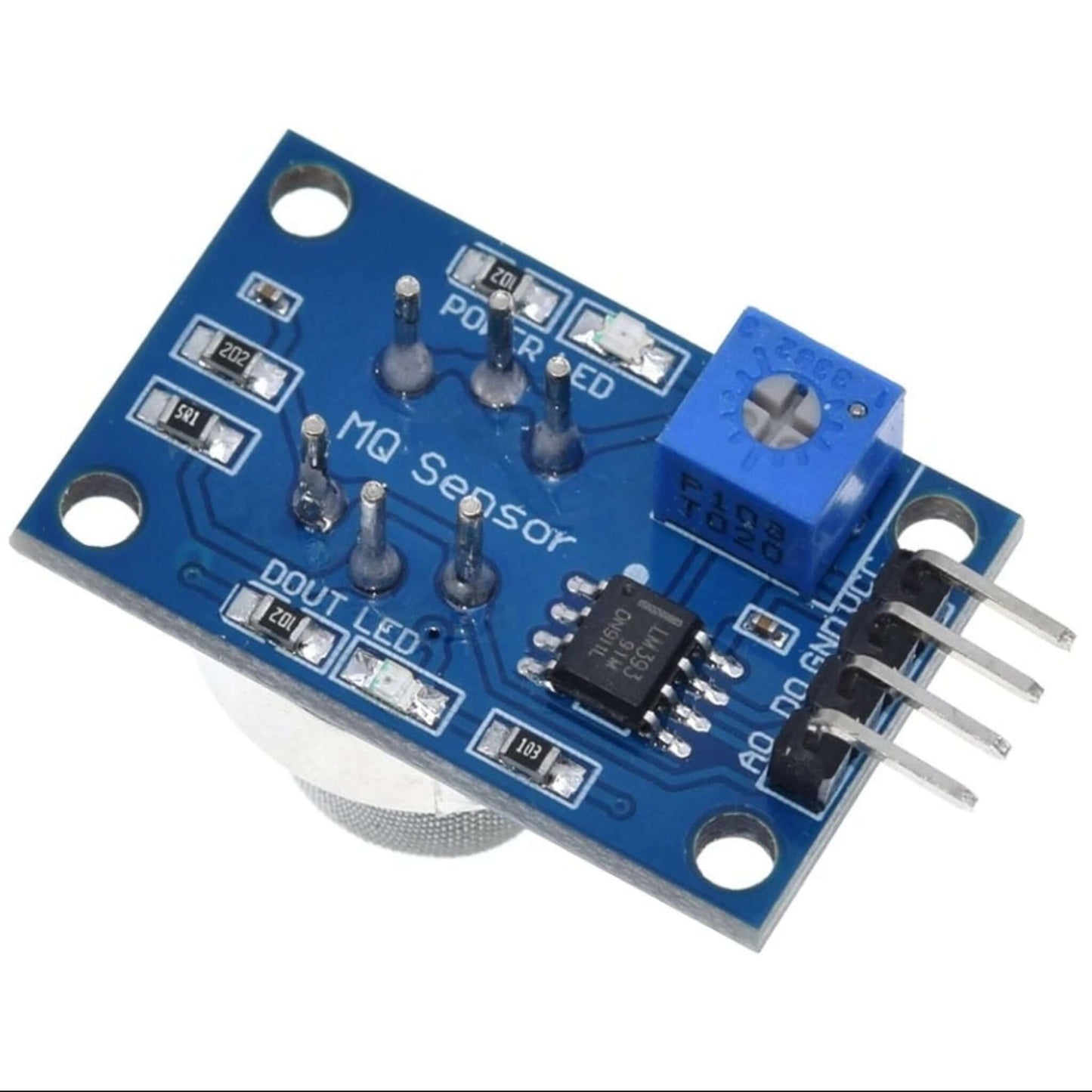 Back of the MQ-135 sensor module, highlighting the 4-pin header (VCC, GND, DO, AO), LM393 comparator, and sensitivity potentiometer.
