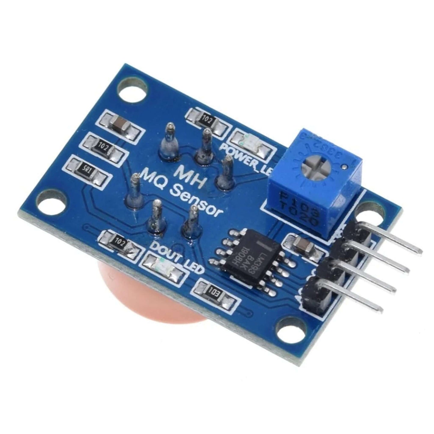 Back view of the MQ-3 Alcohol Sensor Module featuring the LM393 comparator chip, blue potentiometer, and 4-pin connector.