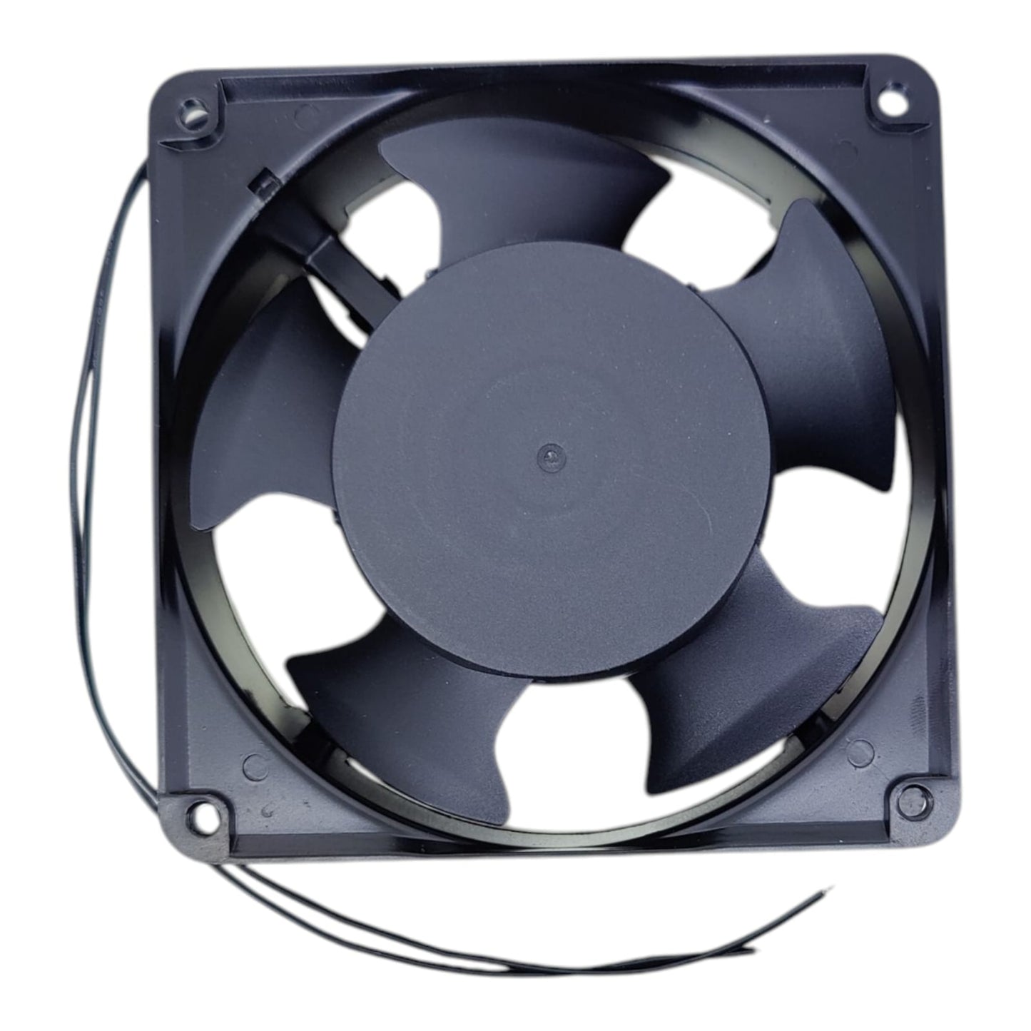 Back view of the MST 120mm AC fan, showing the 5-blade design and 2-wire leads.