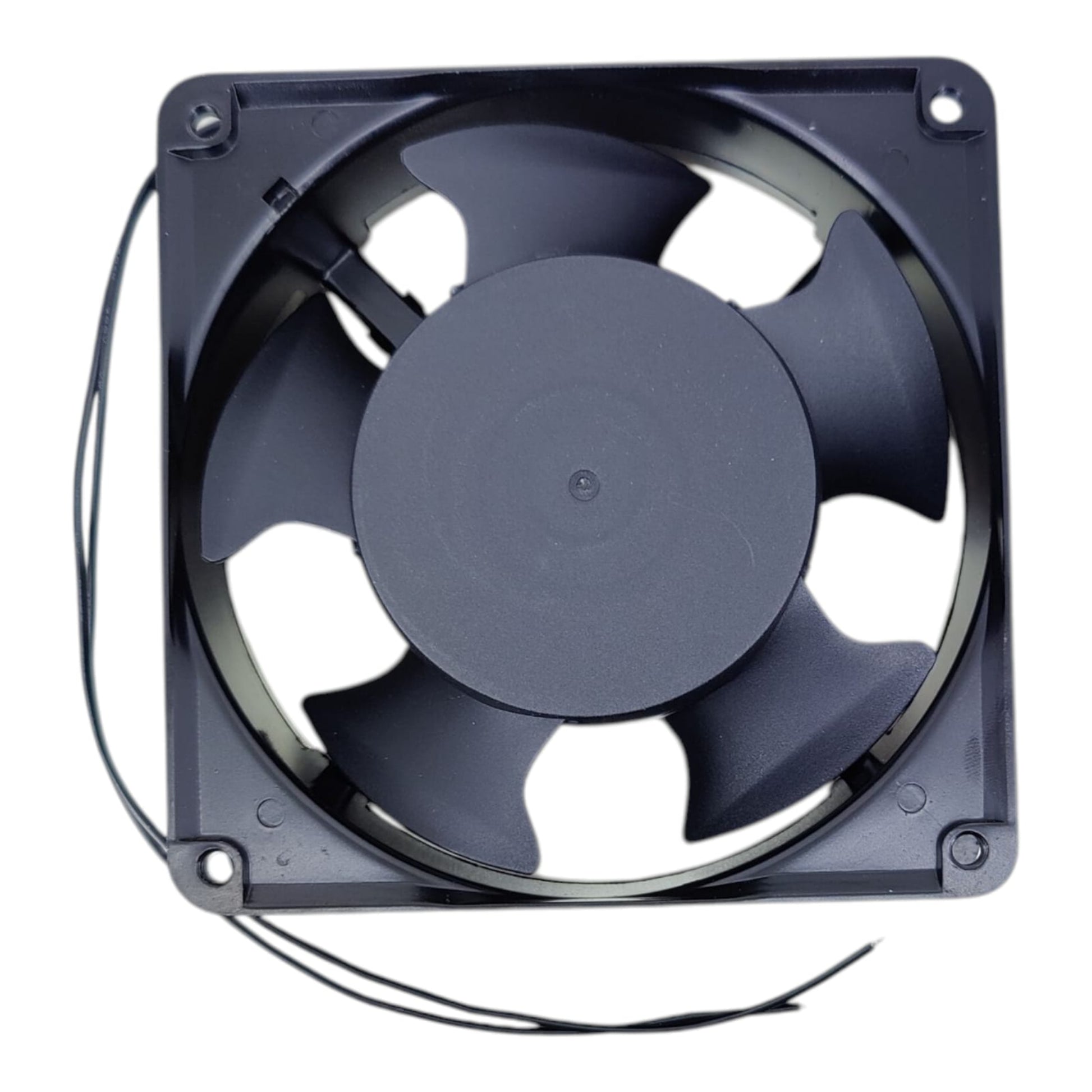 Back view of the MST 120mm AC fan, showing the 5-blade design and 2-wire leads.