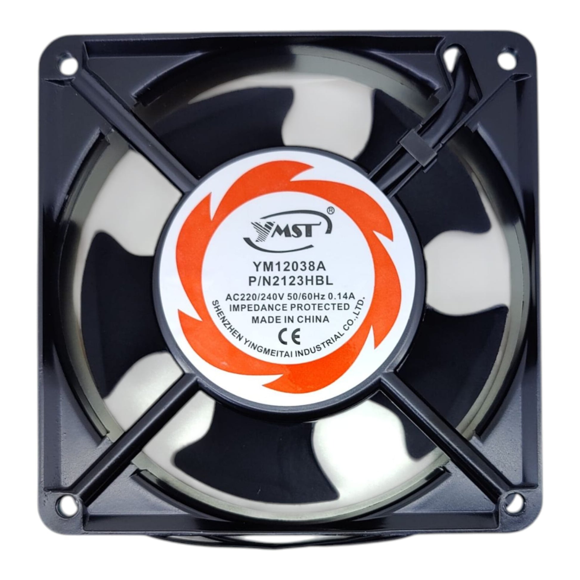 Front view of the MST YM12038A 120mm AC cooling fan, showing the label with 220V/240V 0.14A specs.