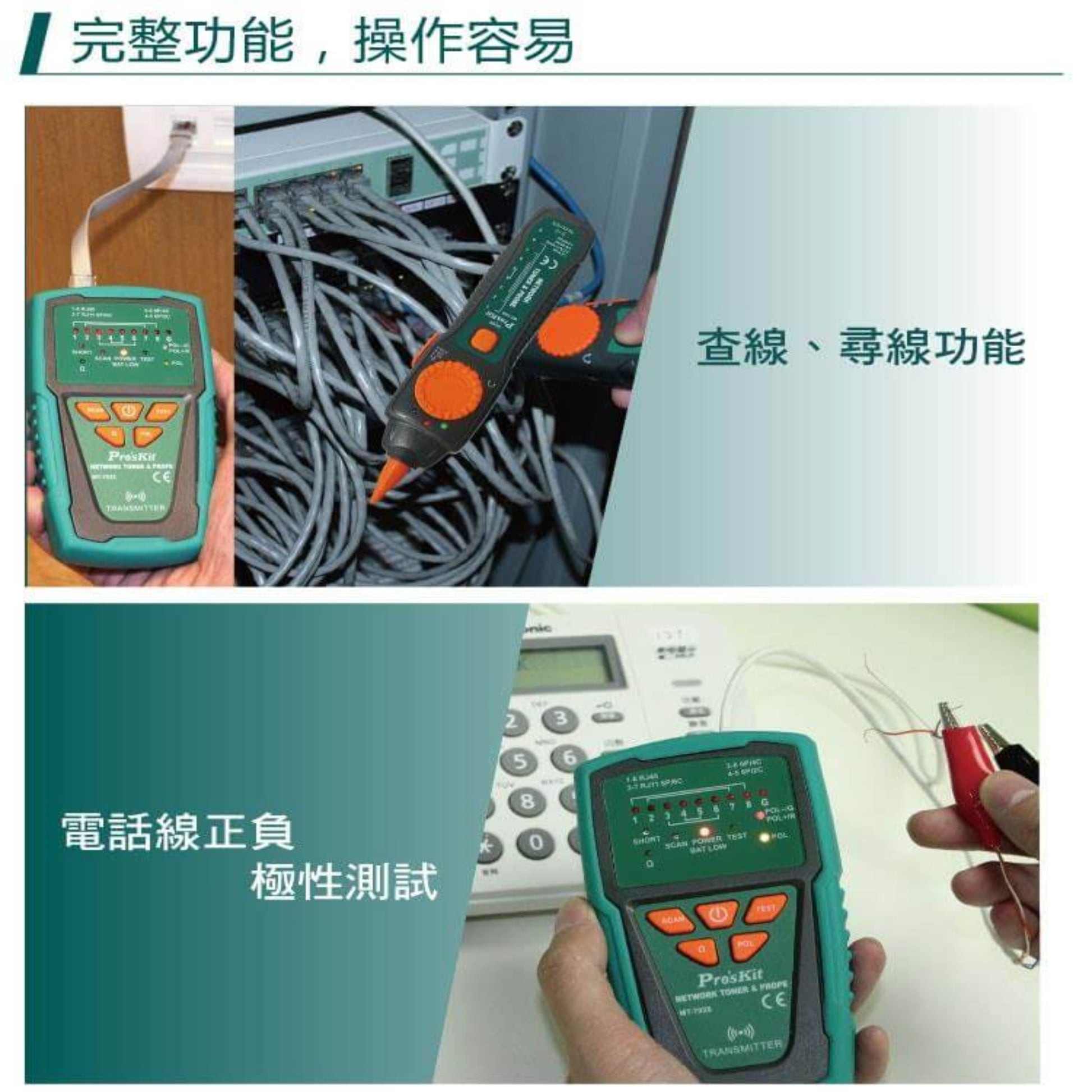 Images demonstrating the MT-7028's full functionality, including cable tracing and polarity testing.