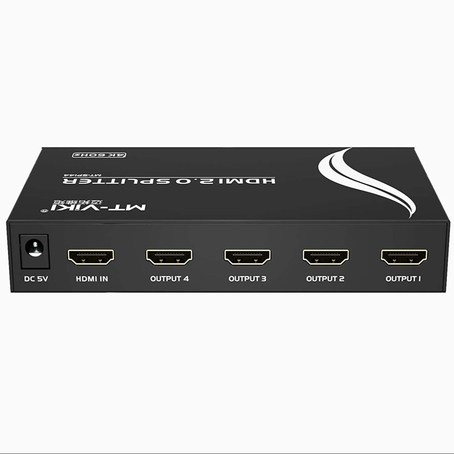 Back view of the MT-ViKI HDMI splitter showing the single HDMI input and four HDMI output ports