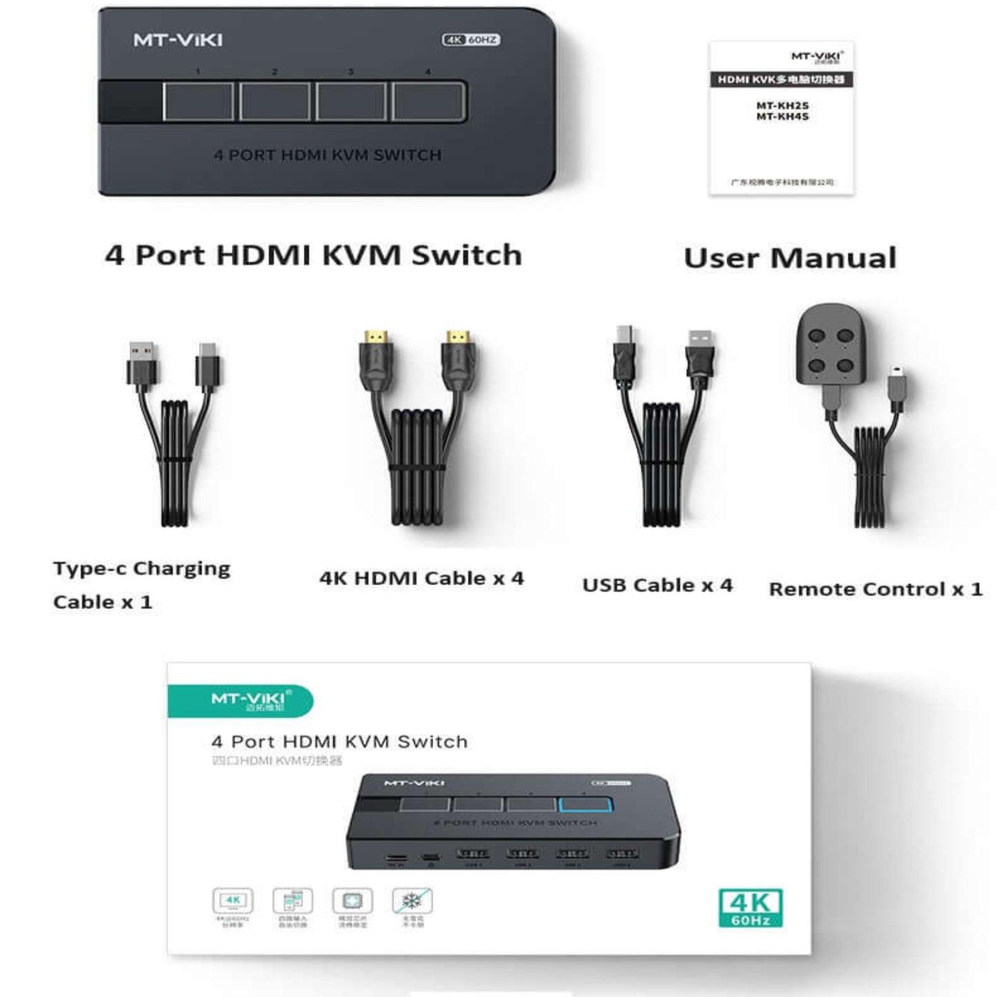 MT-VIKI 4 Port HDMI KVM Switch package contents including switch, cables, remote, and manual.