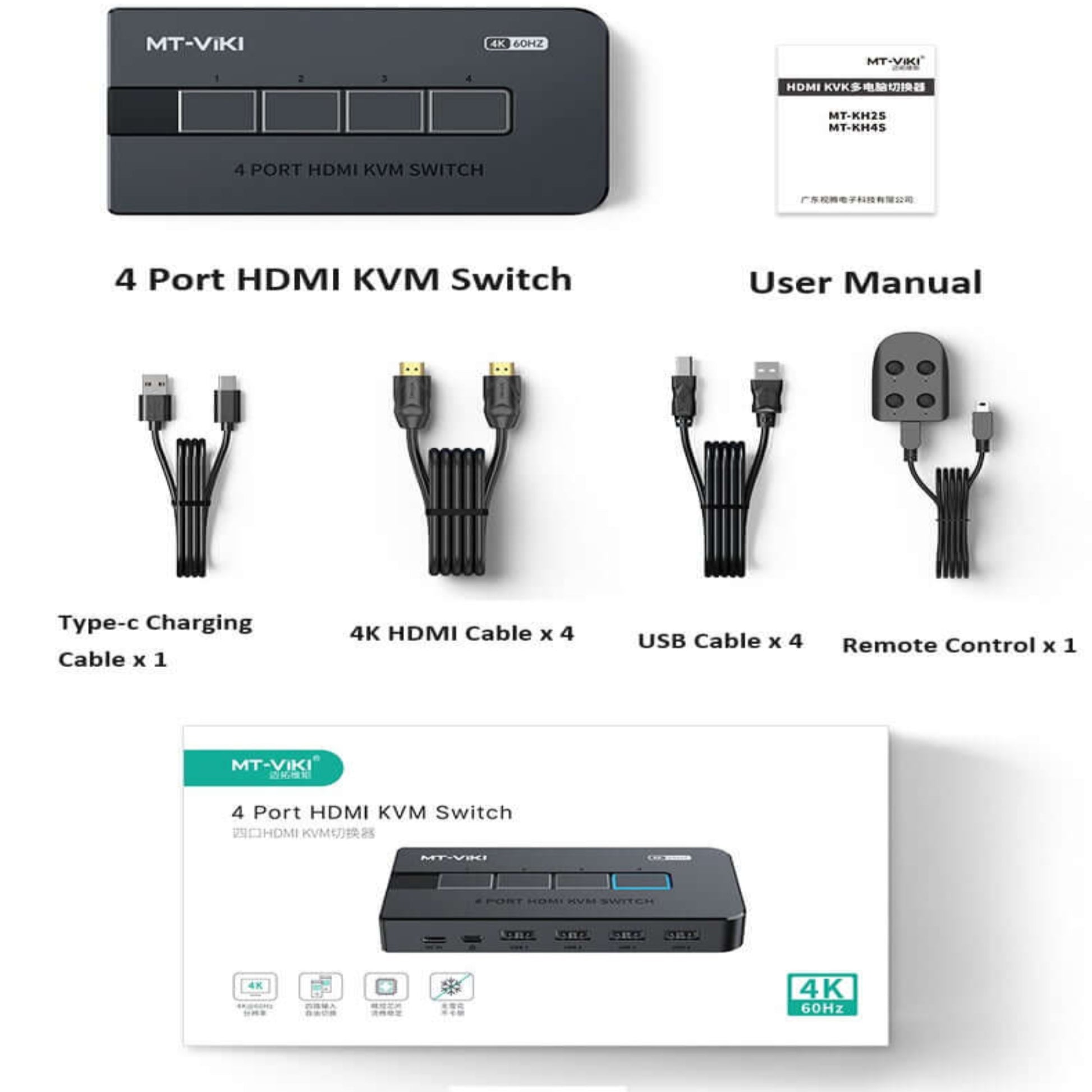 MT-VIKI 4 Port HDMI KVM Switch package contents including switch, cables, remote, and manual.