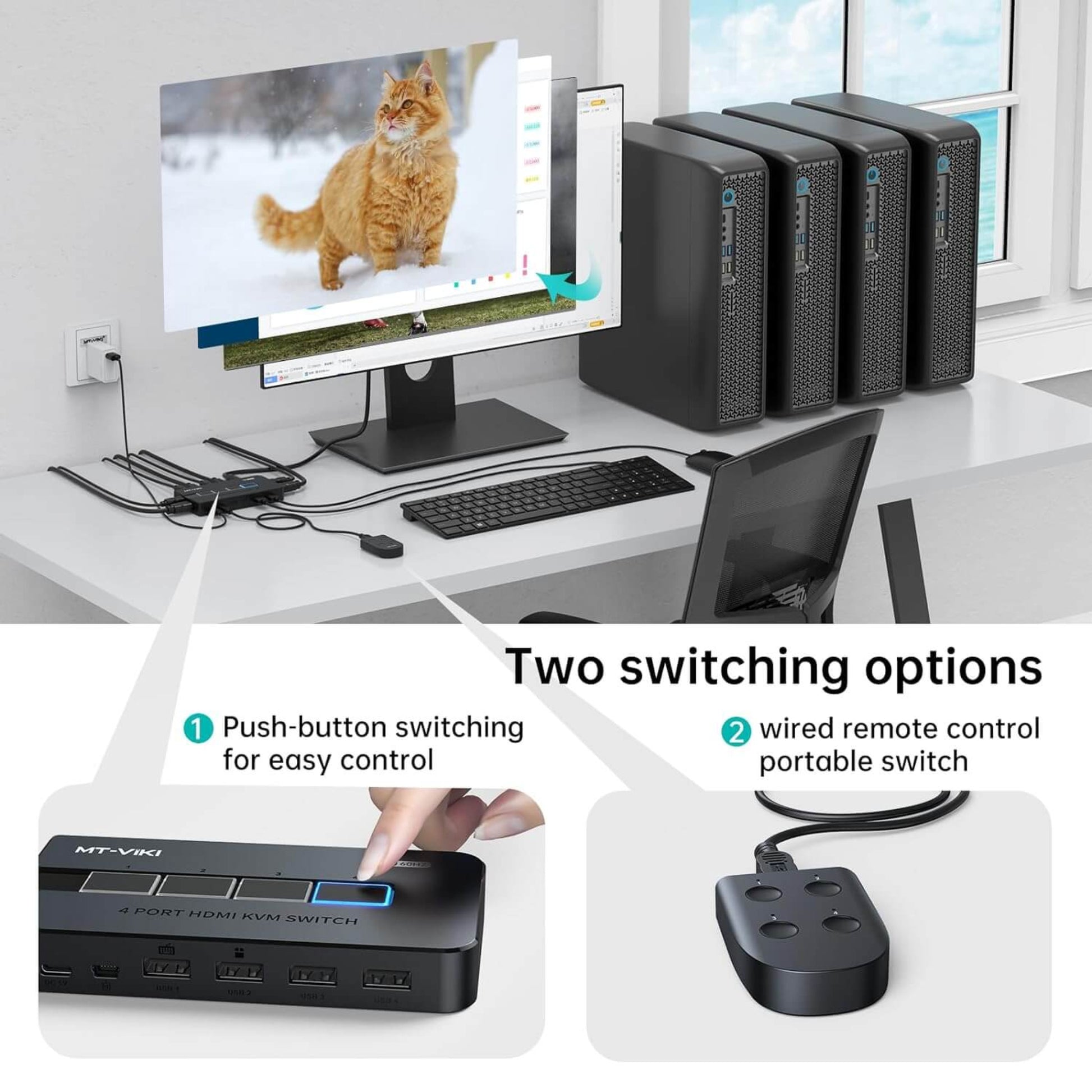 Switch HDMI KVM 4 portas 4K 30Hz com controlador de desktop Switch HDMI KVM 4 portas 4K 30Hz com controlador de desktop
