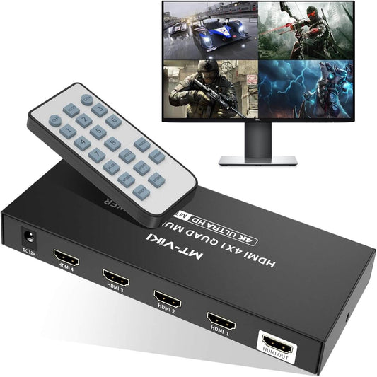 MT-VIKI 4x1 HDMI Multiviewer with IR remote displaying four sources on a UHD monitor.