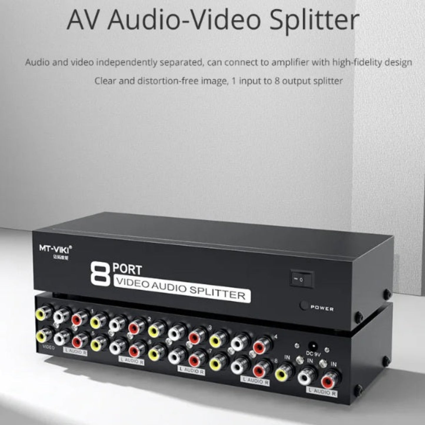 Front panel of MT-VIKI 8-port AV distribution amplifier with power switch and LED indicator.