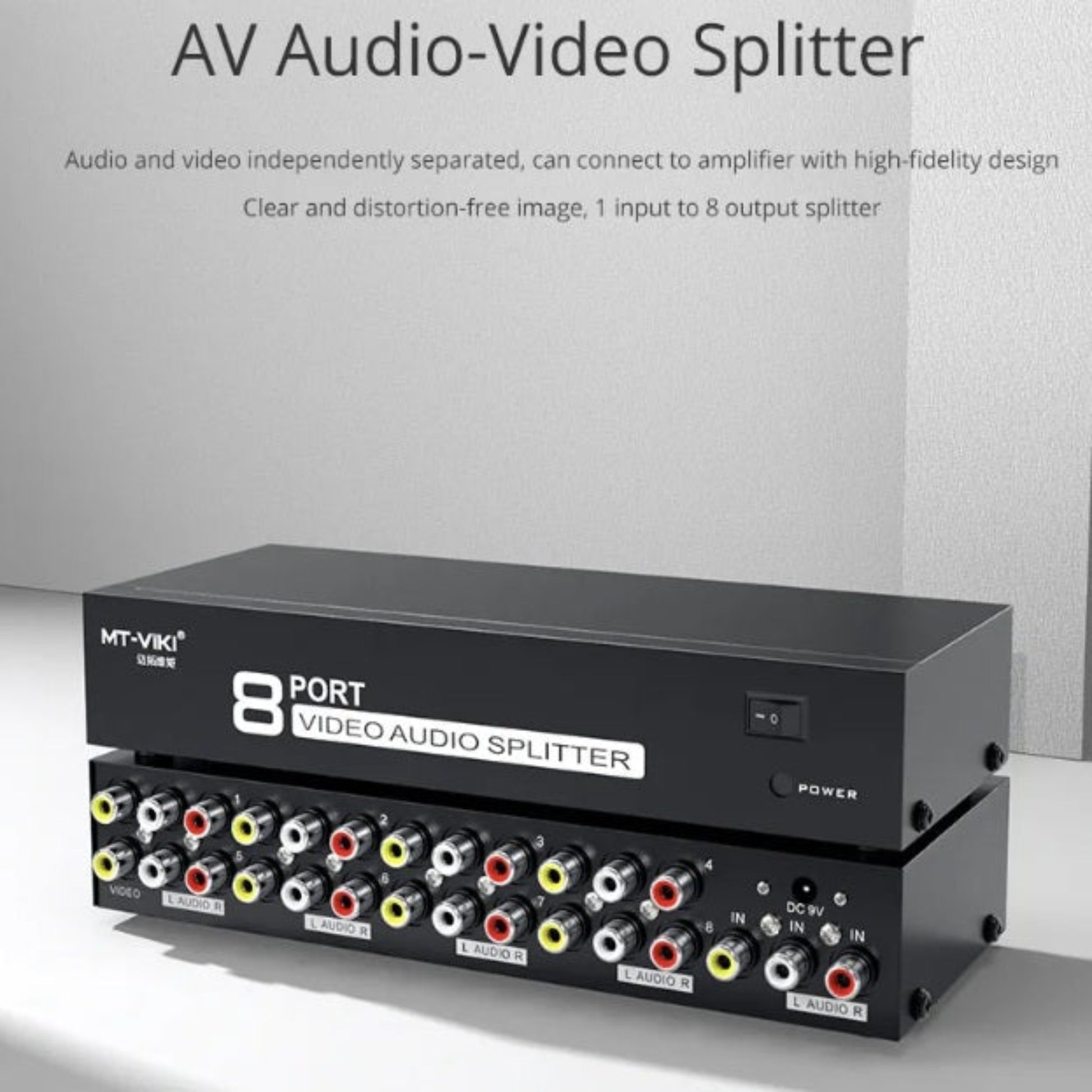 Front panel of MT-VIKI 8-port AV distribution amplifier with power switch and LED indicator.