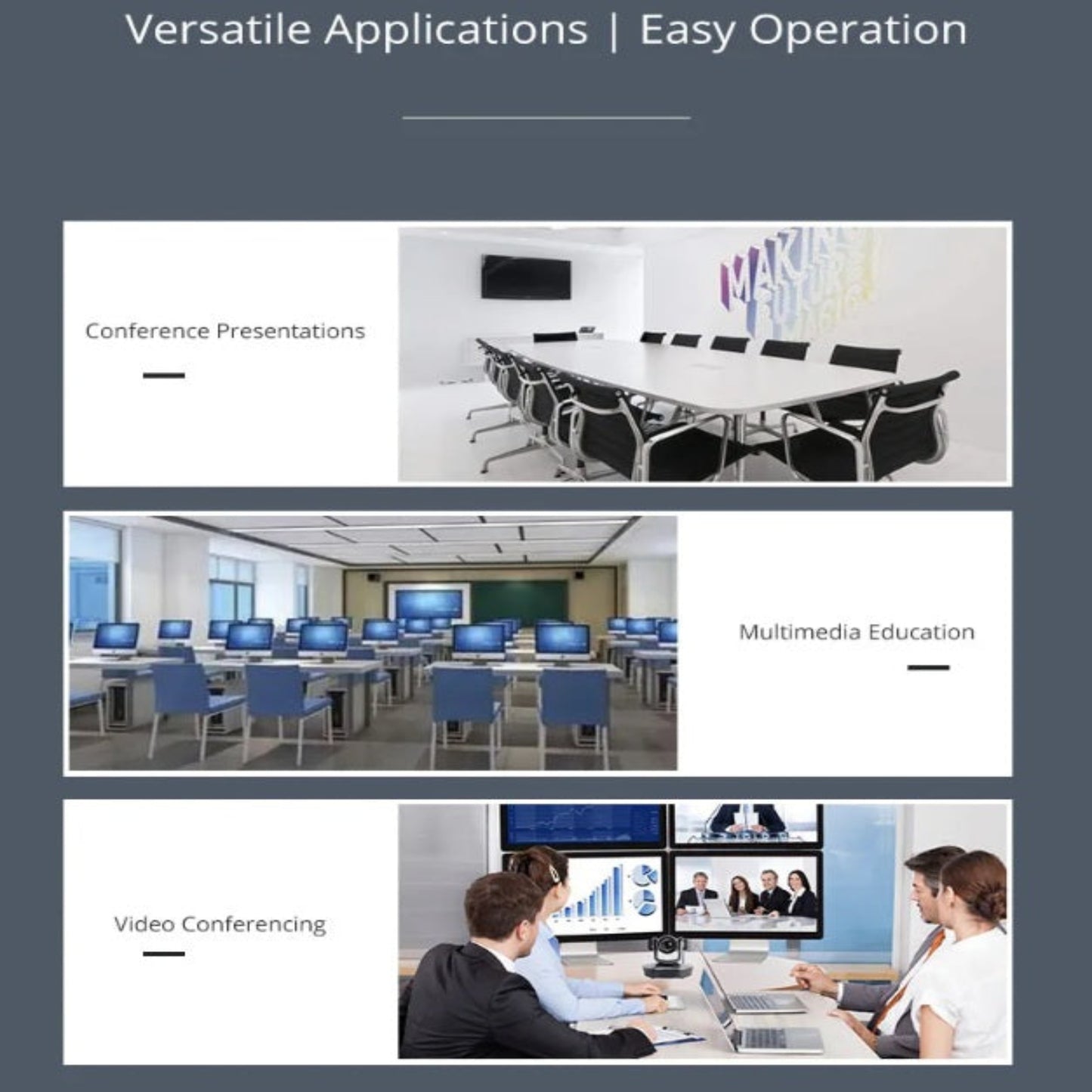 AV splitter usage scenarios including conference rooms, classrooms, and video meetings.