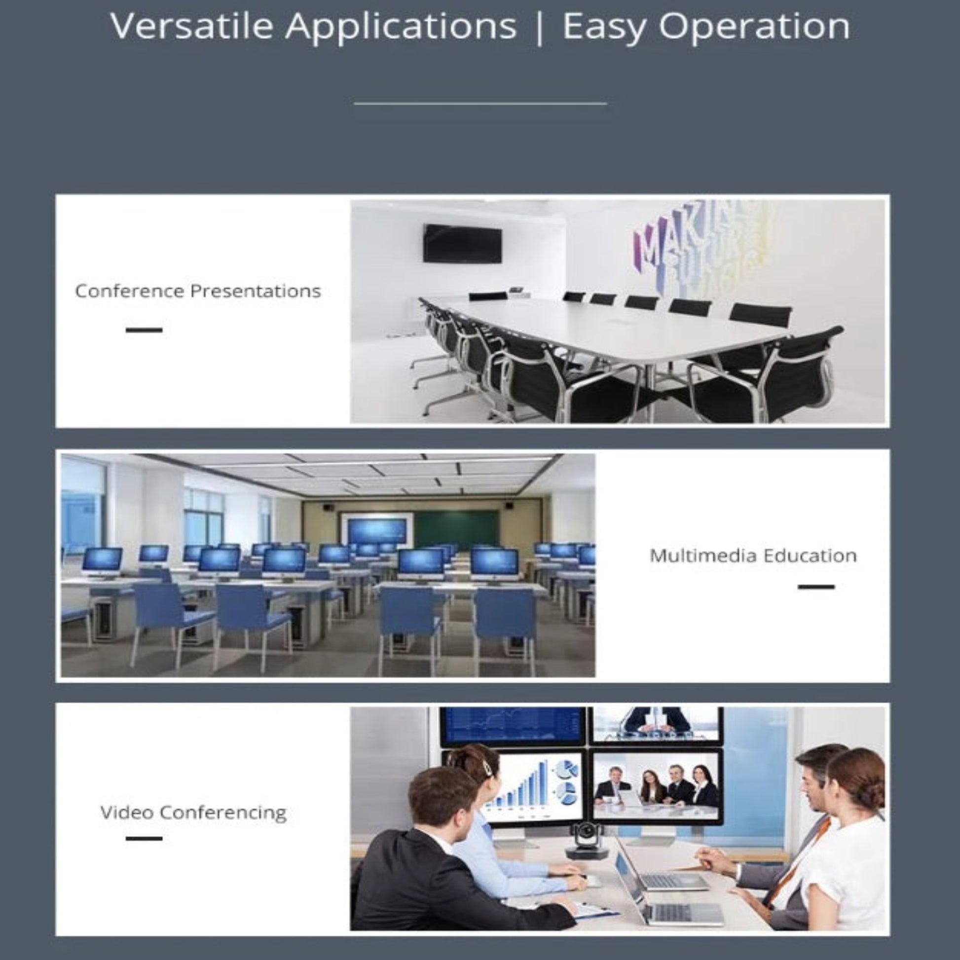 AV splitter usage scenarios including conference rooms, classrooms, and video meetings.