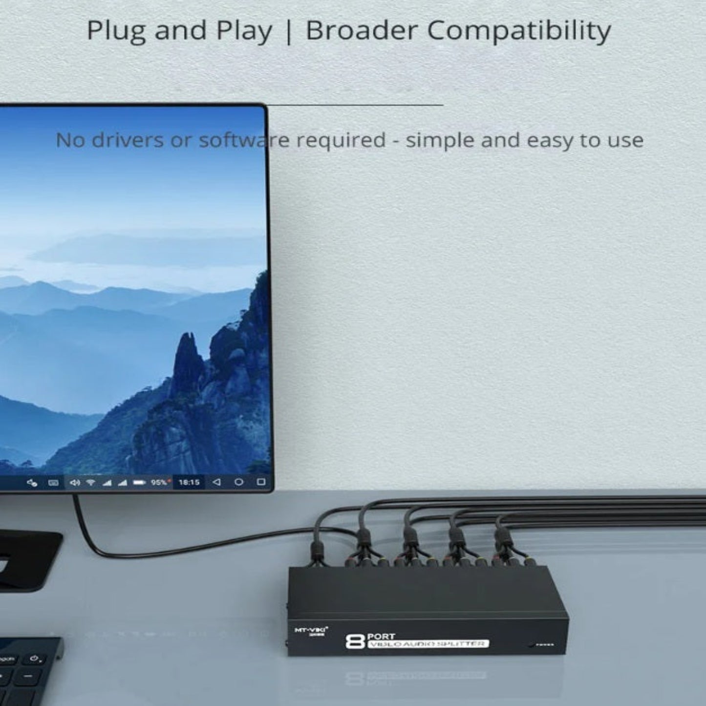 MT-VIKI 8-port AV splitter featuring easy plug-and-play setup with no software required.