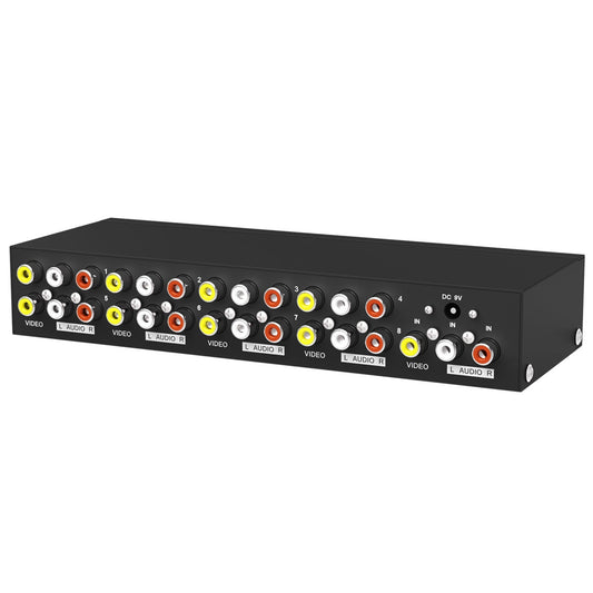 Rear view of MT-VIKI 8-port AV splitter showing 1 input and 8 output RCA composite ports.