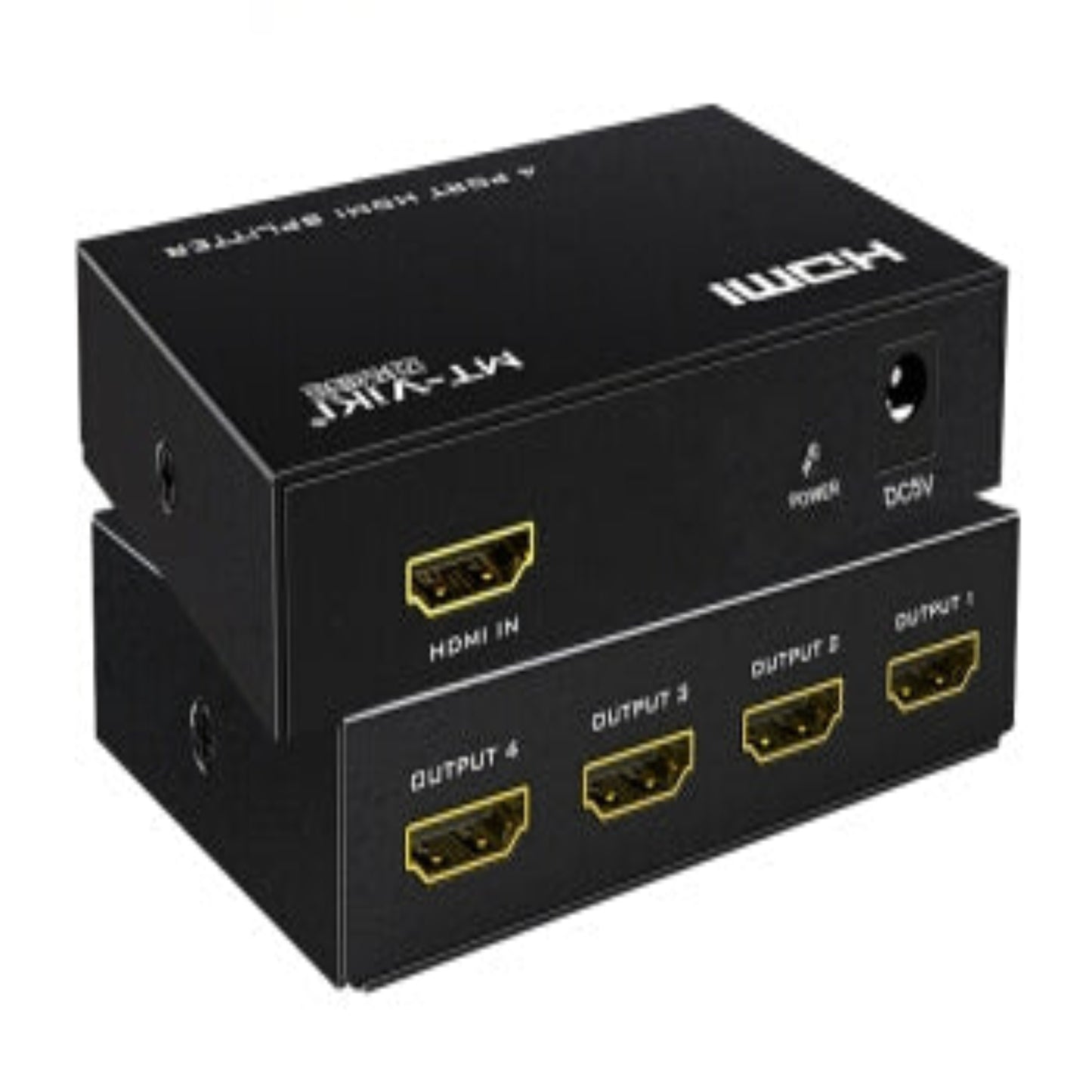 View of the MT-VIKI MT-SP104M HDMI splitter, showing all 4 output and the single input port.