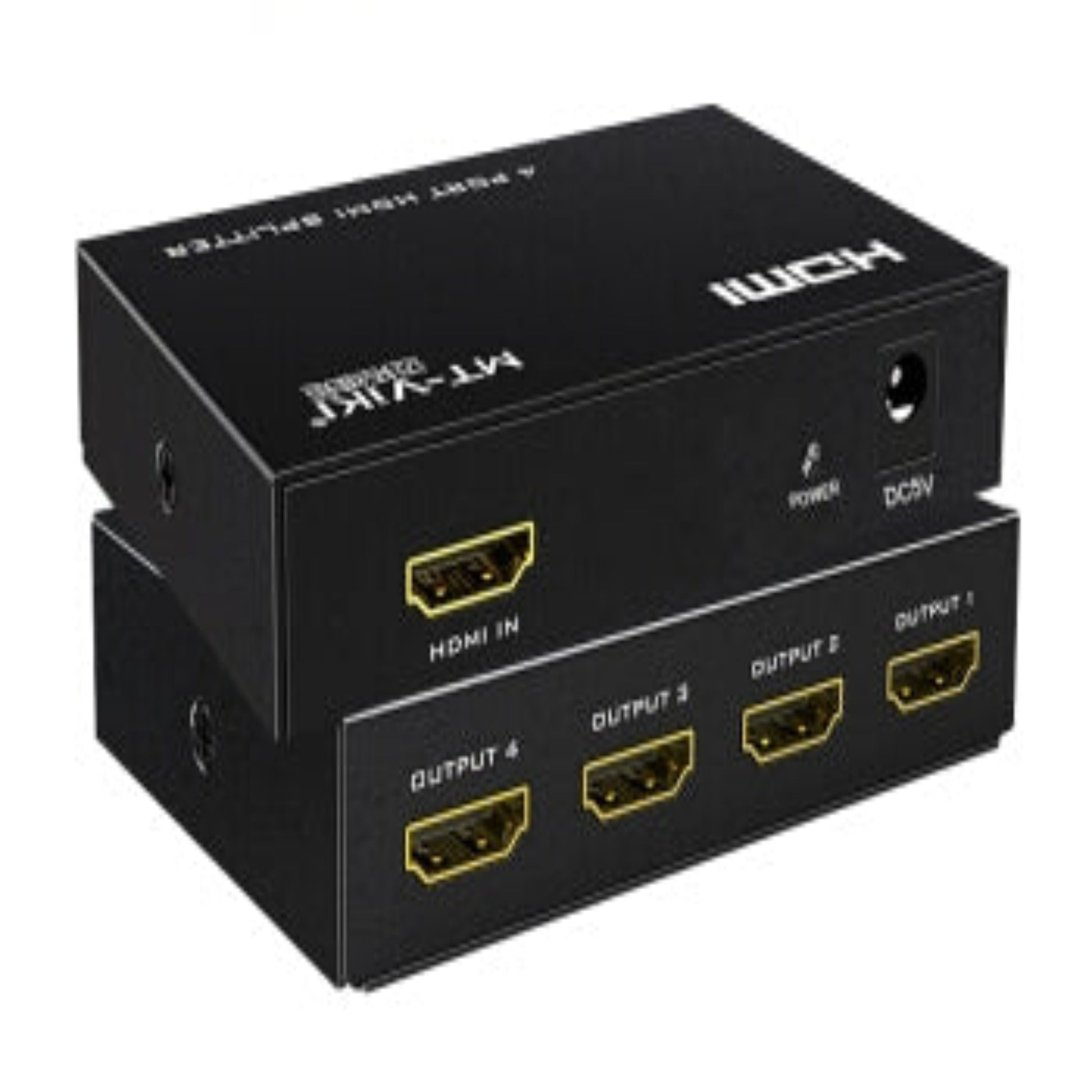 View of the MT-VIKI MT-SP104M HDMI splitter, showing all 4 output and the single input port.