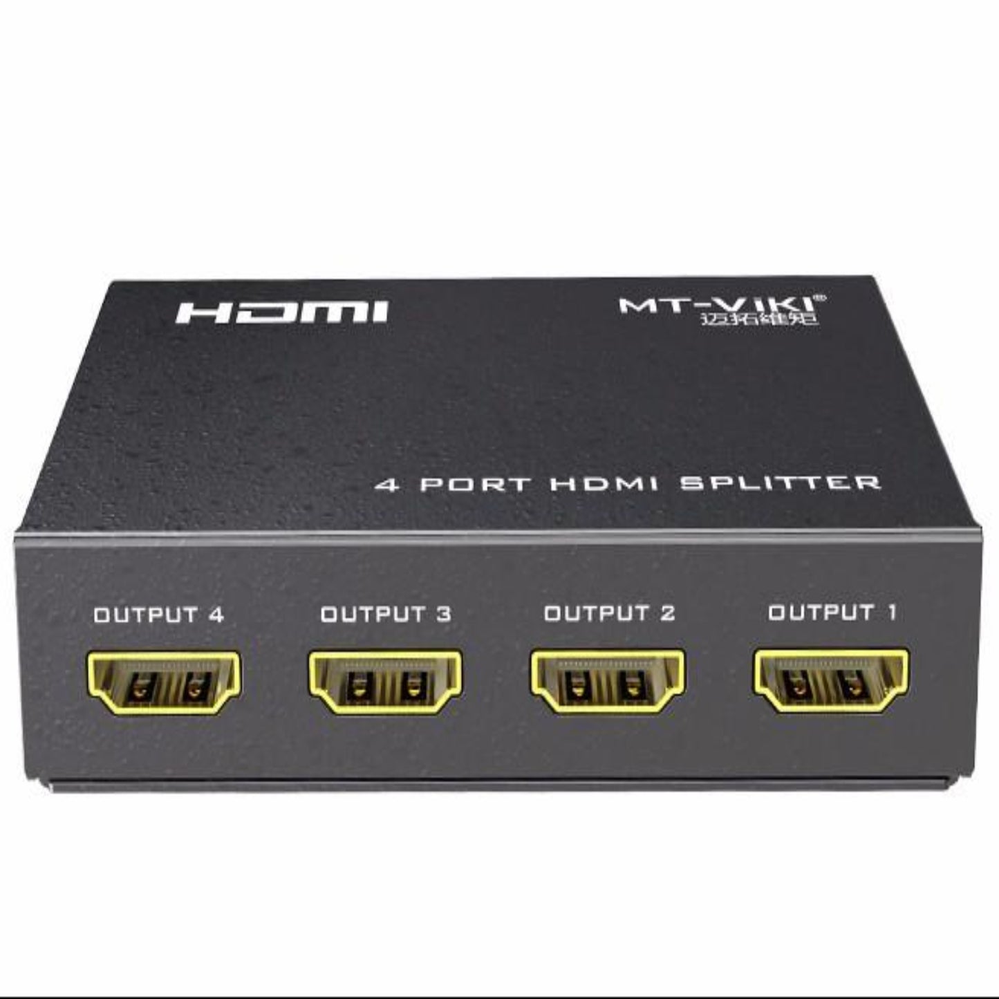 MT-SP104M 4-port HDMI splitter front view, with HDMI ports labelled OUTPUT 1-4.