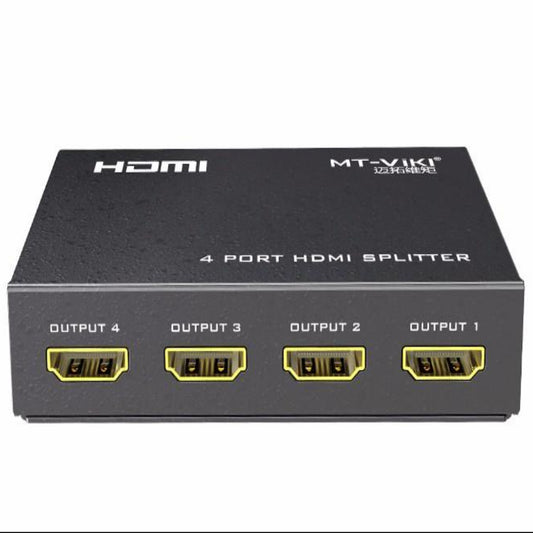 MT-SP104M 4-port HDMI splitter front view, with HDMI ports labelled OUTPUT 1-4.