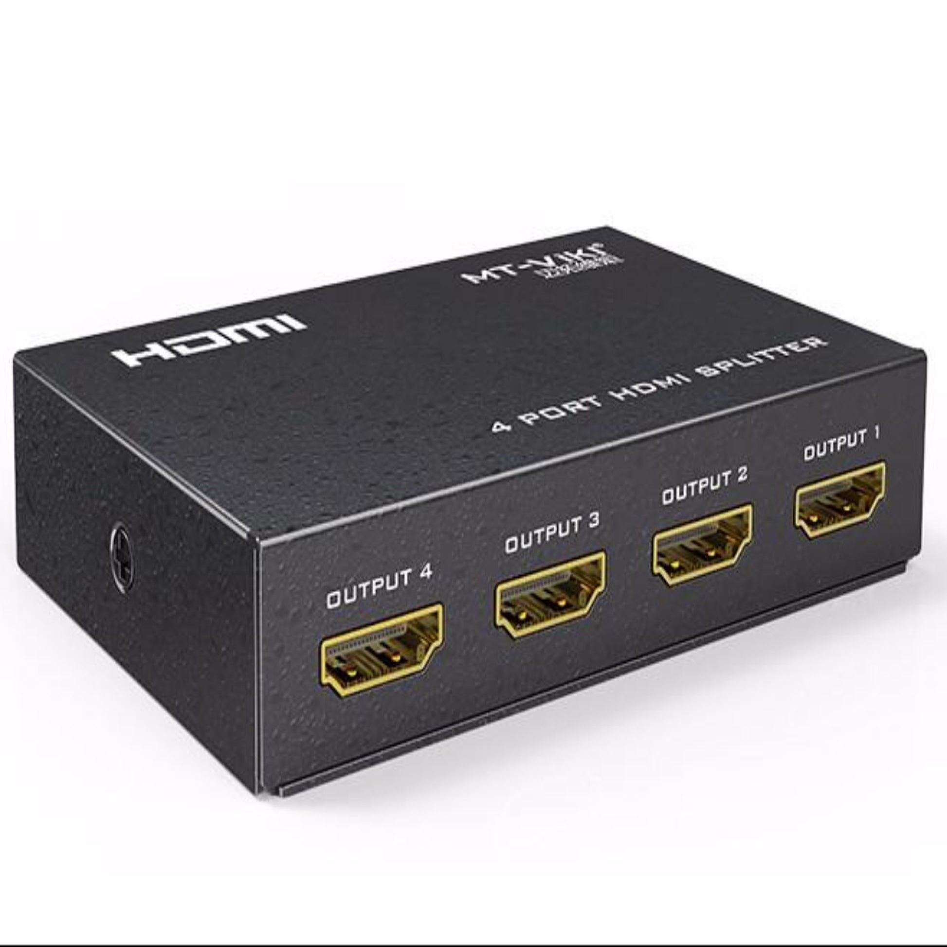 Close-up of the MT-VIKI MT-SP104M HDMI splitter showing input and 4 output ports.