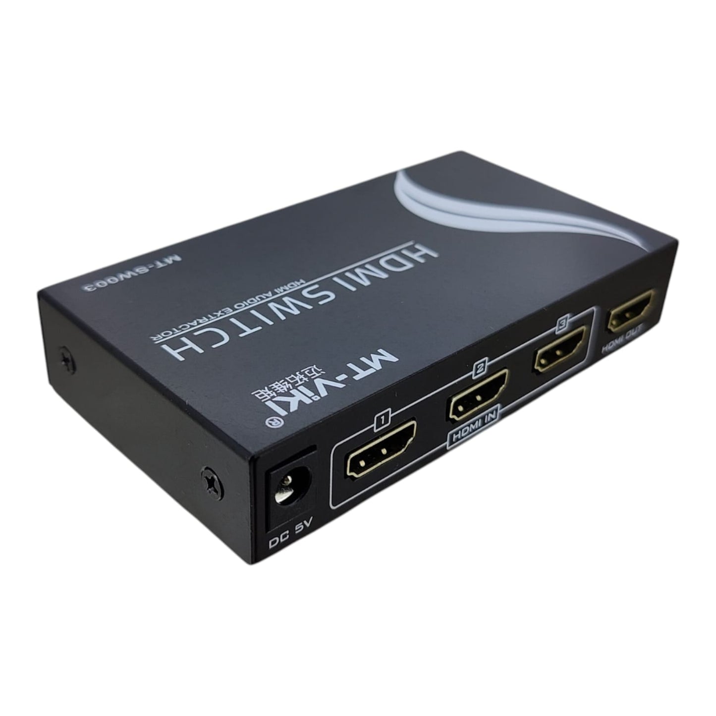 Back view of MT-VIKI HDMI switch showing 3 inputs and 1 output ports