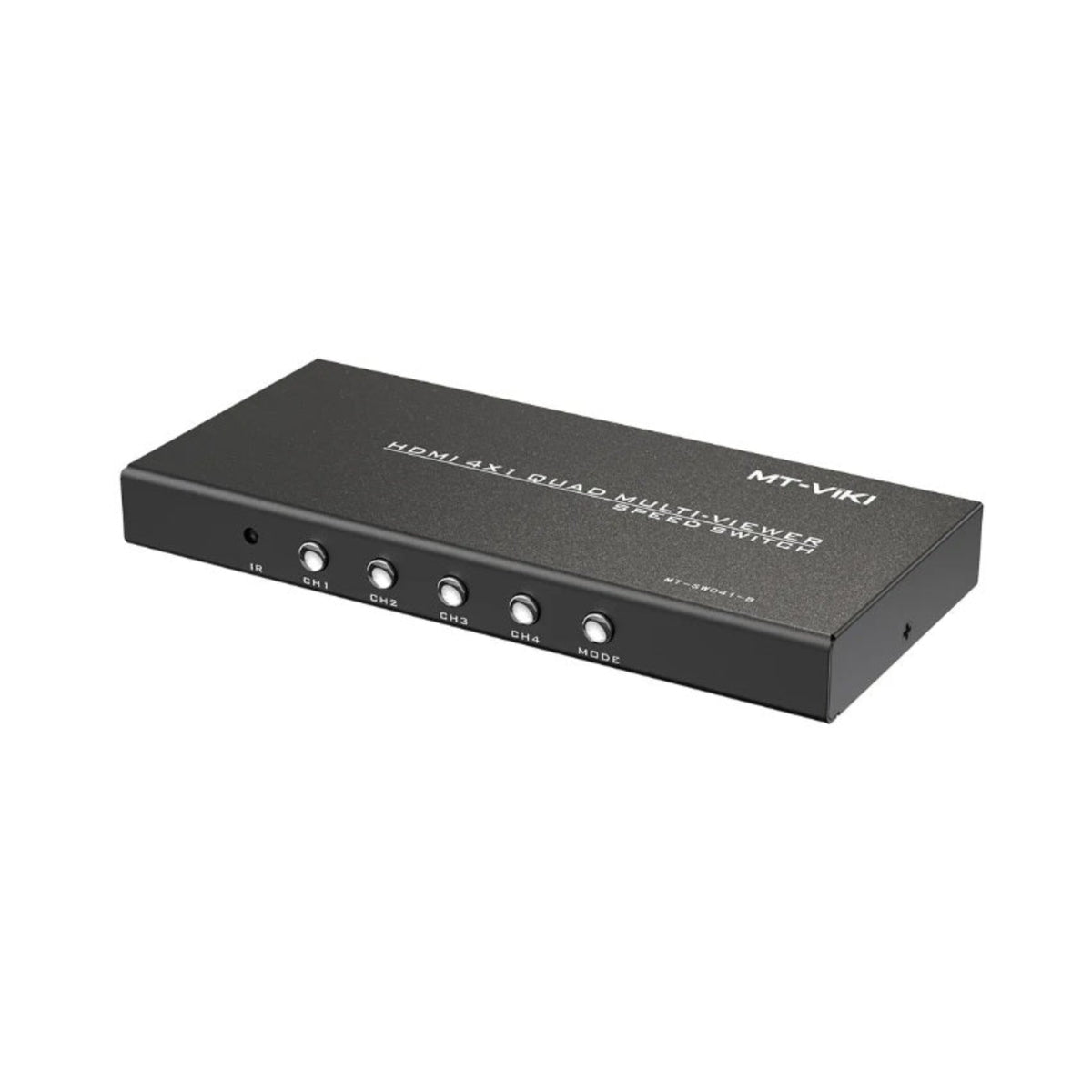 MT-VIKI MT-SW041-B HDMI 四畫面分割器正面視圖，清晰顯示紅外線接收器、四個頻道切換按鍵 (CH1-CH4) 及模式切換鍵。